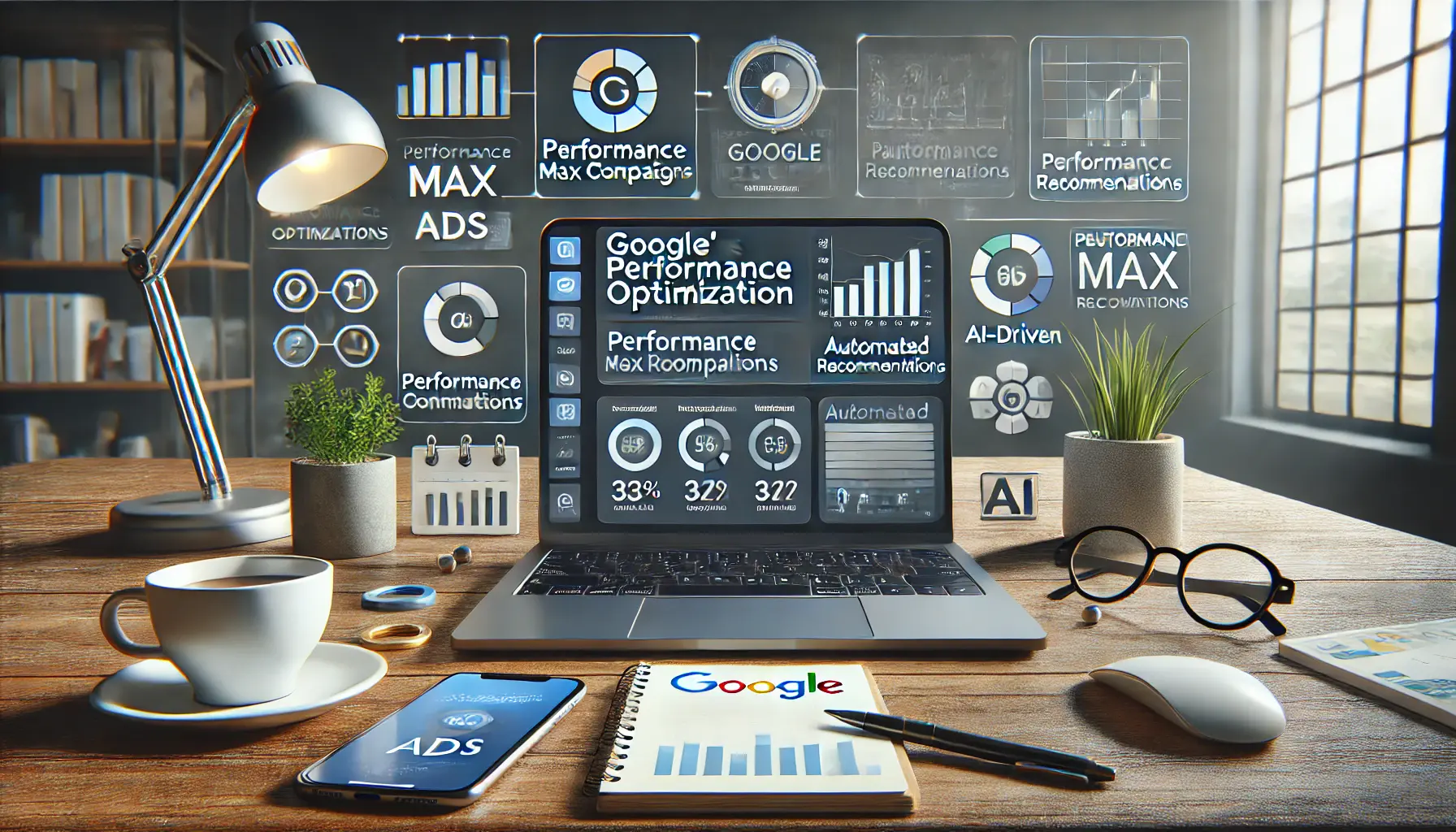 A modern workspace with a laptop displaying Google's performance optimization tools, such as Performance Max campaigns and automated recommendations.