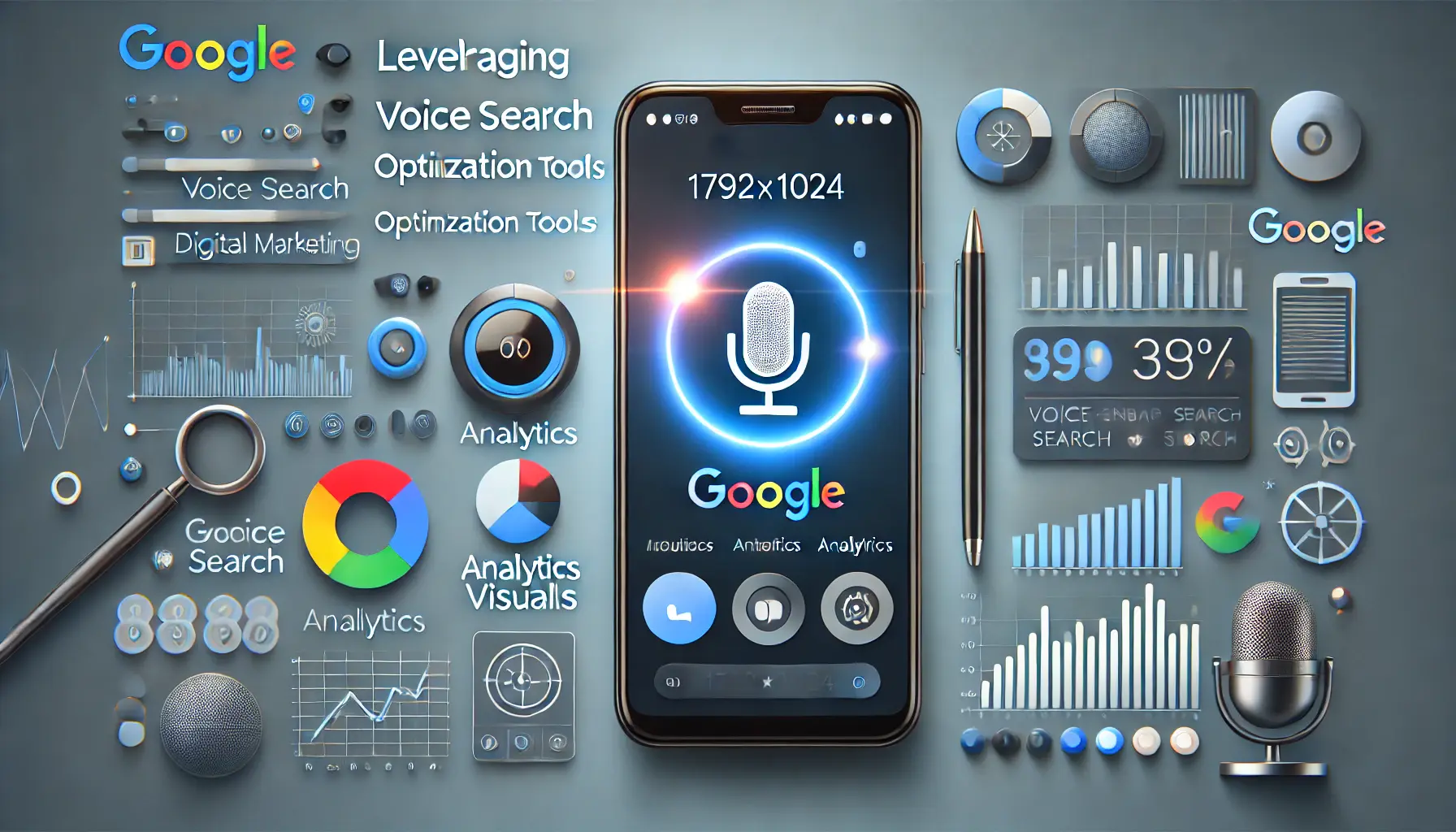 Illustration of Google's voice search optimization tools with a smartphone showing a voice search interface and analytics visuals.