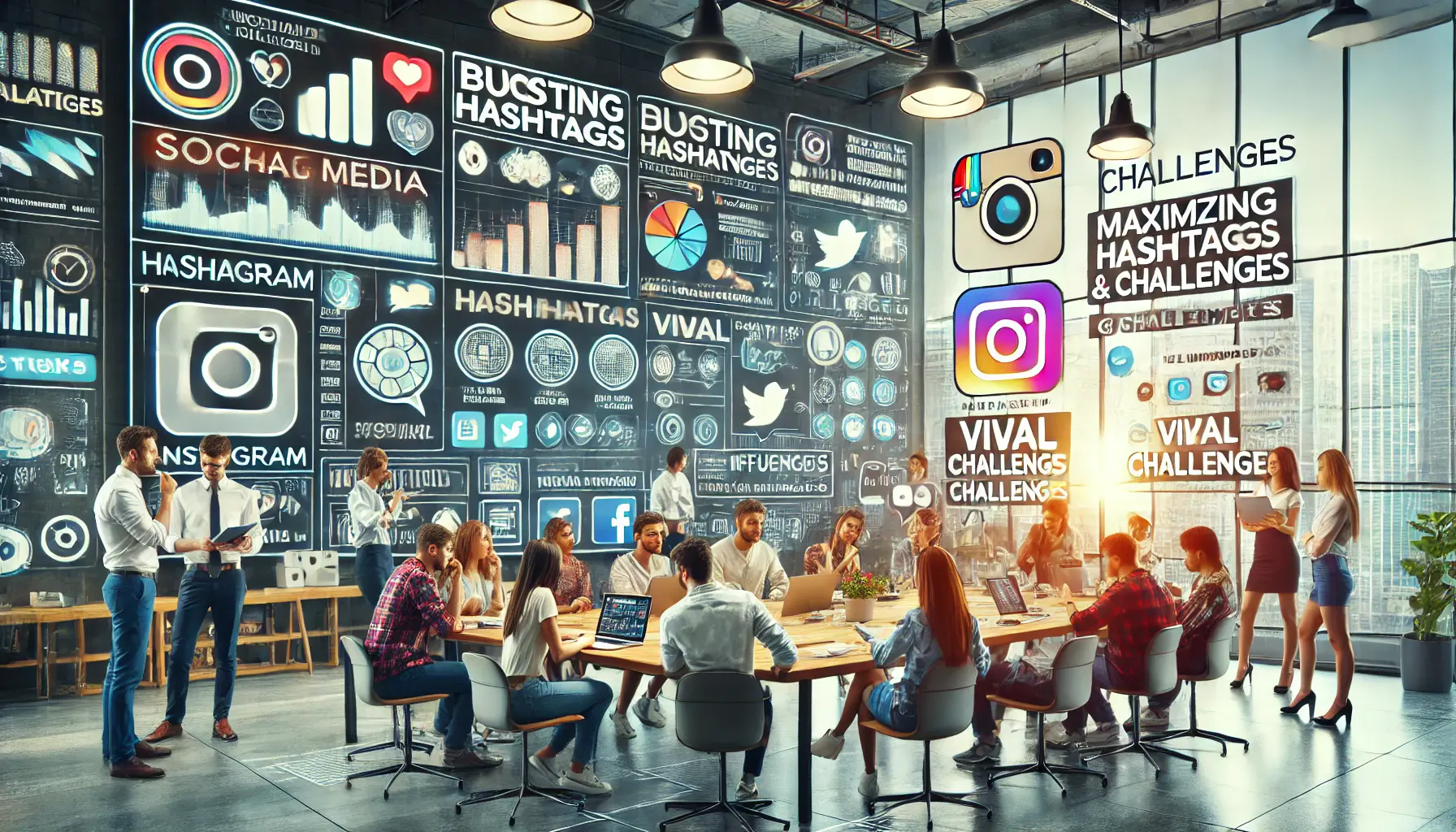 A team of social media marketers brainstorming strategies to leverage hashtags and challenges, with digital screens showing popular hashtags and viral content.