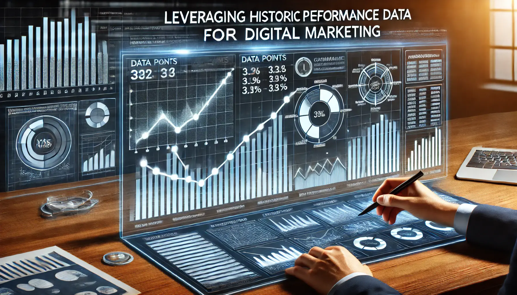 An image showing line graphs and bar charts depicting past campaign performance with data points marked by arrows, symbolizing the use of historical performance data.