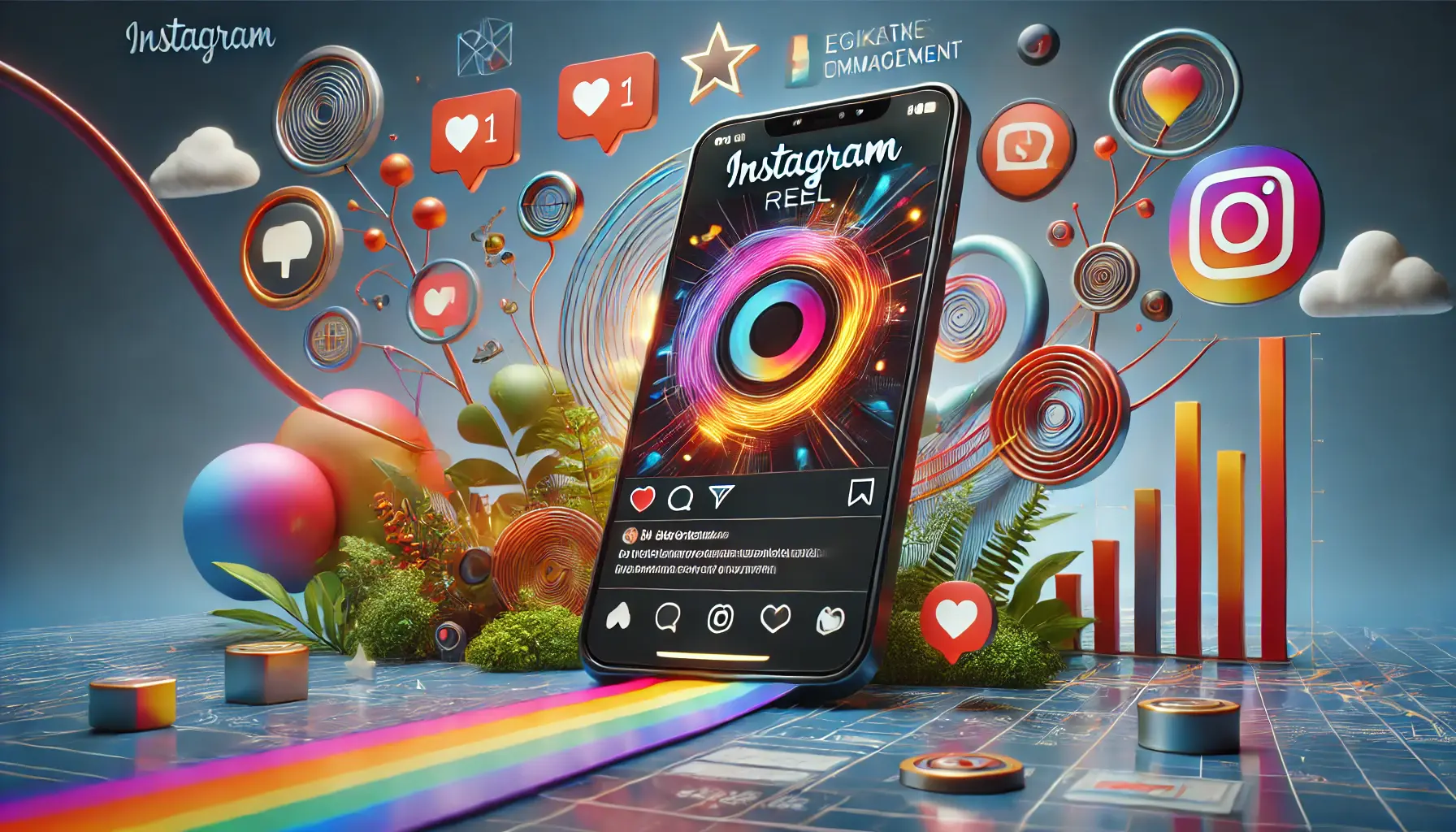 An image showing a smartphone displaying an Instagram Reel featuring a brand's product or service, surrounded by engagement metrics like likes, comments, and shares.