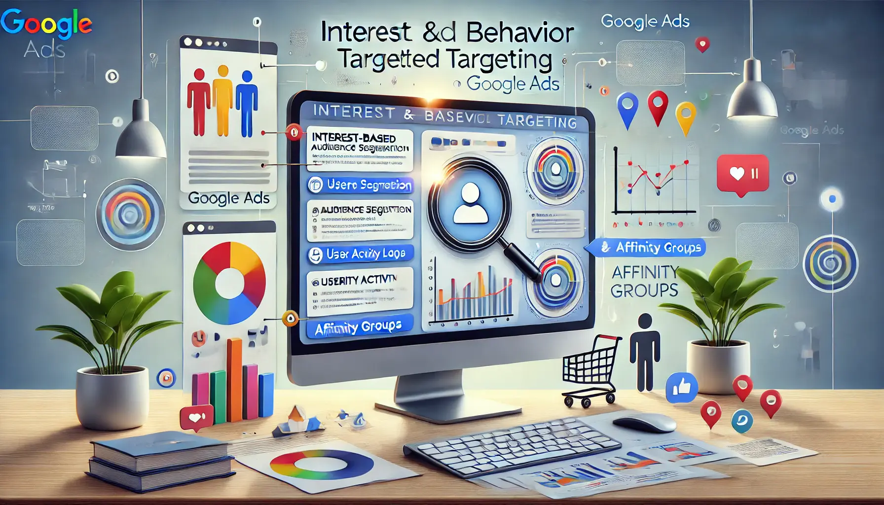 An illustration of interest and behavior-based targeting in Google Ads, showing audience segmentation and behavior tracking tools with relevant symbols.