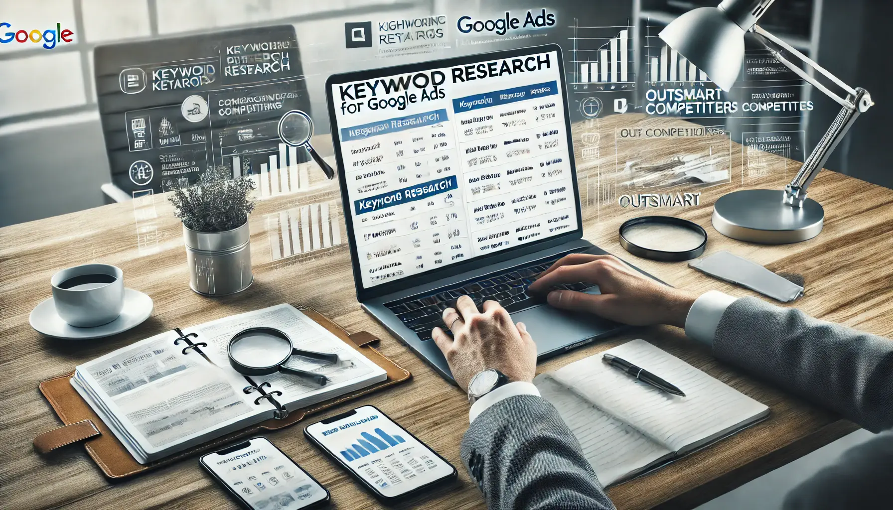 A digital marketing workspace showing a marketer analyzing keyword research data to outsmart competitors.