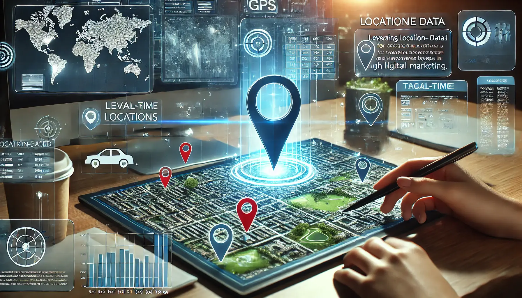 A digital map displaying location markers, GPS coordinates, and real-time data being analyzed for targeted advertising based on location.