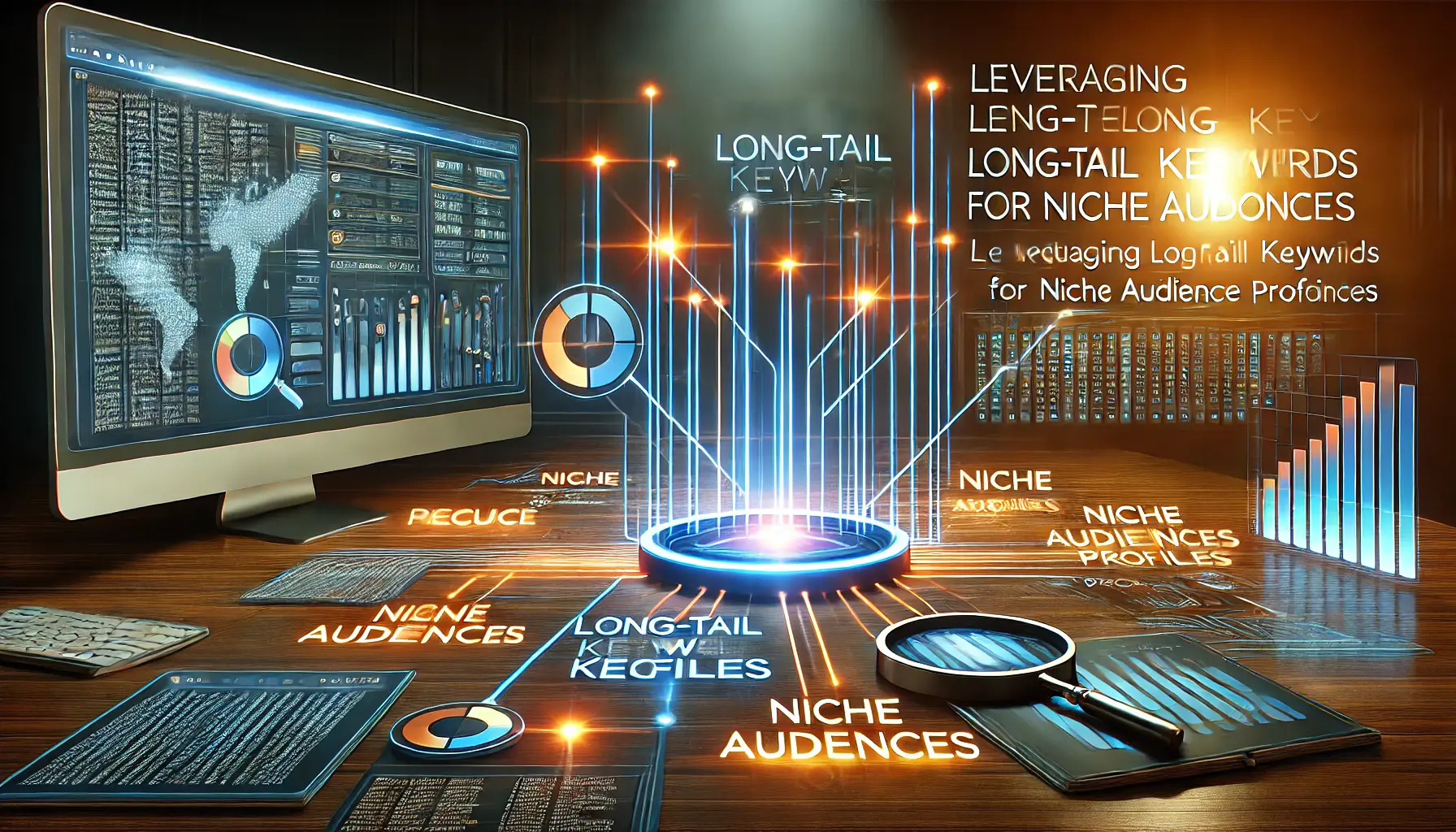 Illustration of long-tail keyword strategies with glowing connections to niche audience profiles and advanced analytics in a digital workspace.