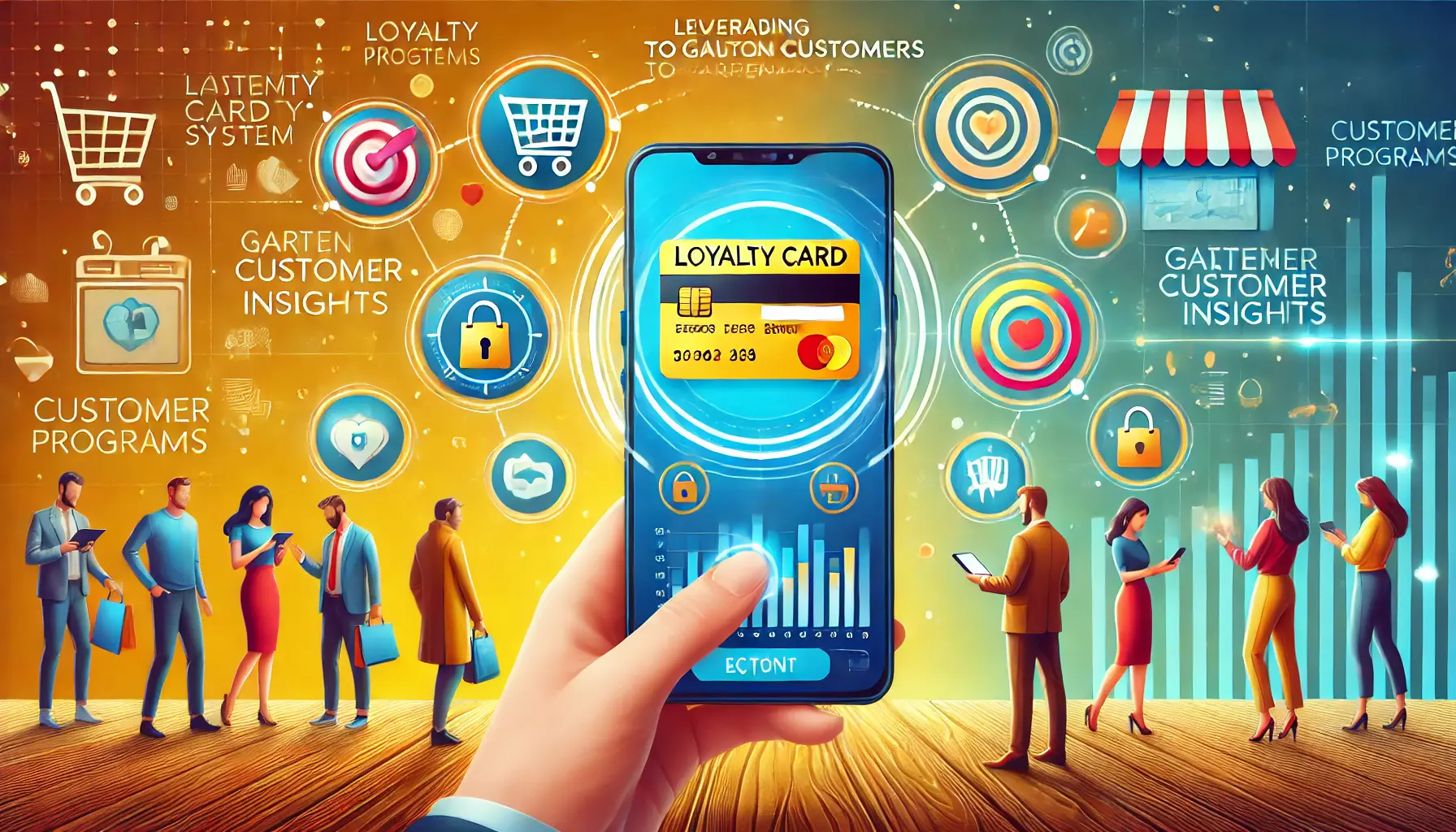 An illustration showcasing the use of loyalty programs to gather customer insights, featuring digital and physical loyalty cards with customer interactions.