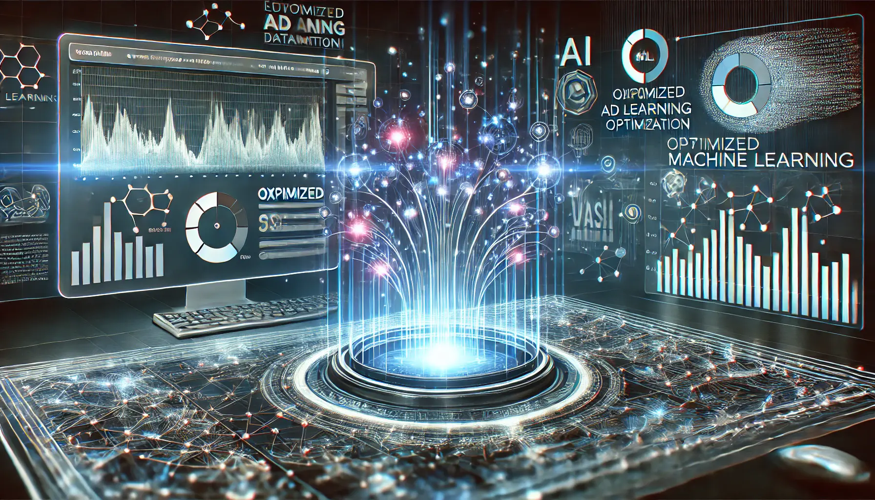 A digital interface showcasing machine learning algorithms analyzing data for optimized ad placements, with glowing data points and neural network patterns.