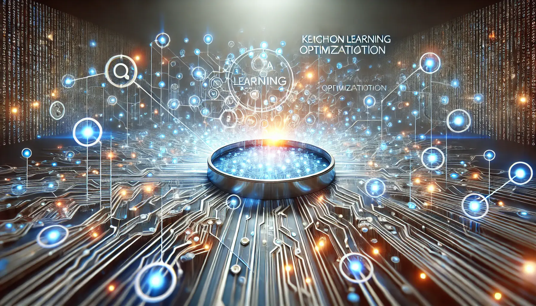 A futuristic representation of machine learning with interconnected nodes and glowing data patterns illustrating keyword optimization.