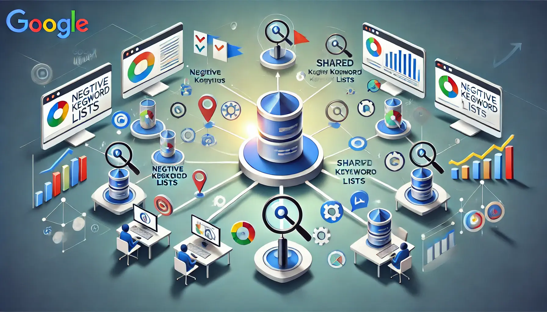 Abstract representation of leveraging negative keyword lists for multiple campaigns, featuring interconnected campaigns and shared keyword lists.