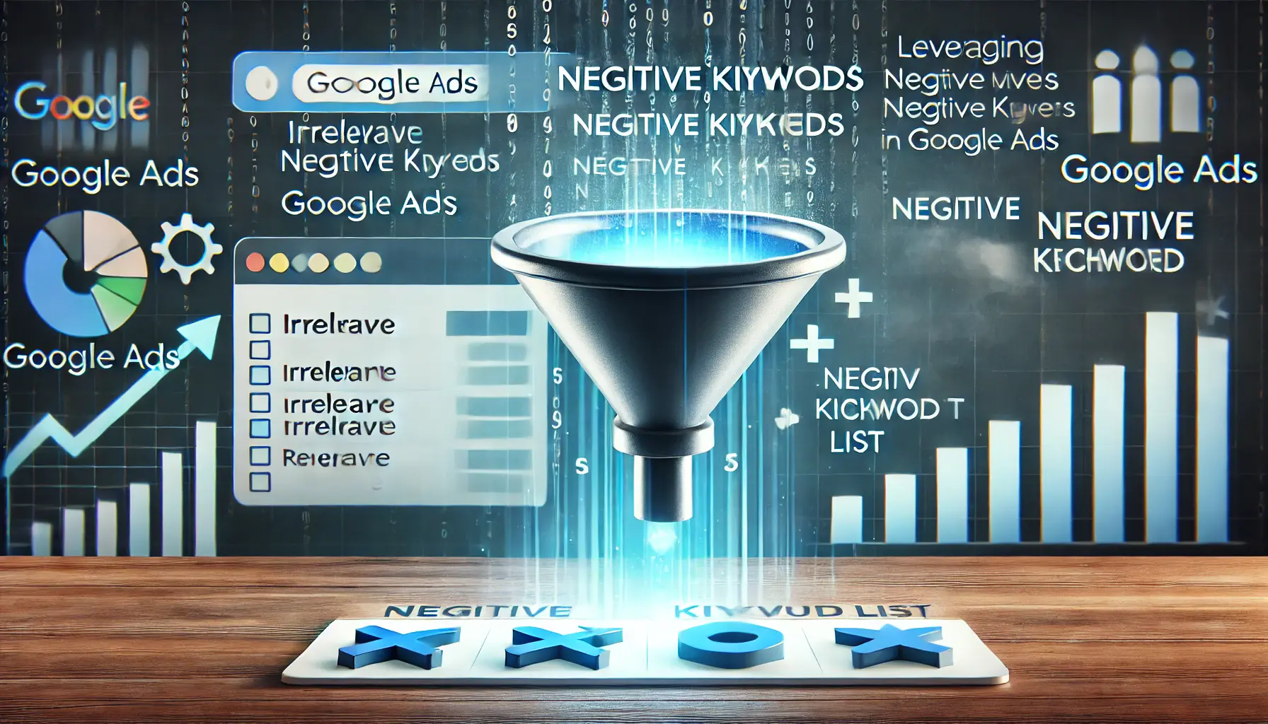 A funnel filtering out irrelevant keywords with a Google Ads dashboard displaying a negative keyword list, symbolizing optimization and precision.