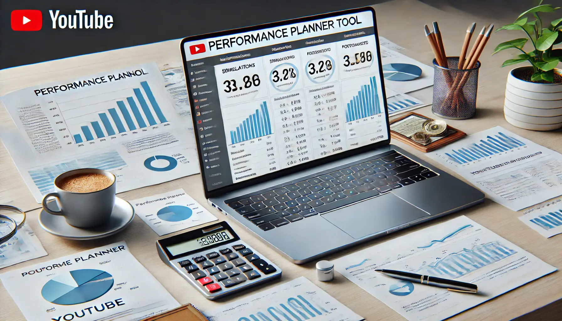 A workspace with a laptop displaying a performance planner tool dashboard for YouTube ad campaign optimization, along with financial documents, a calculator, and a cup of coffee, symbolizing strategic use of performance tools.