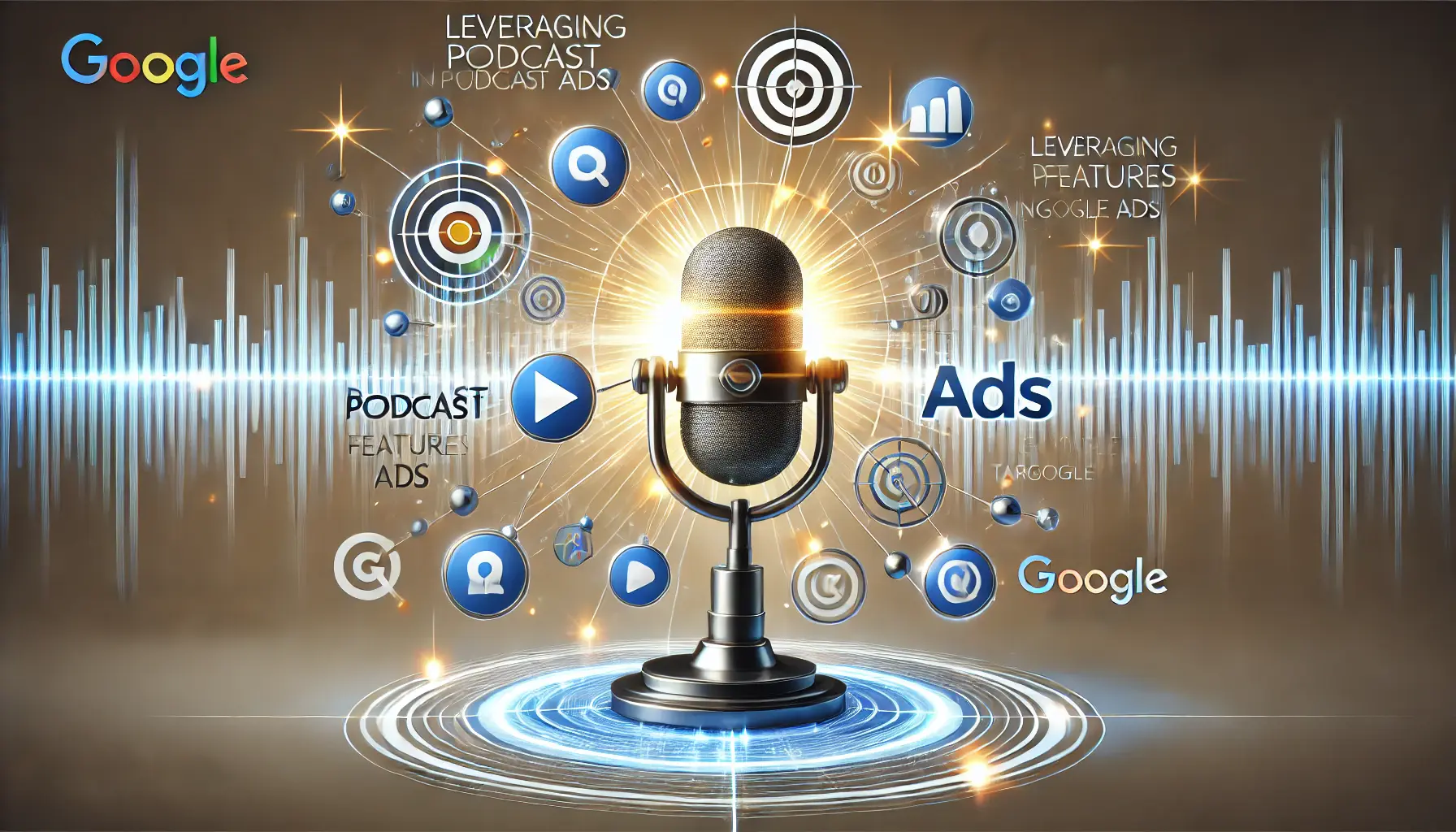 A digital illustration of a microphone with soundwaves surrounded by podcast icons, Google Ads symbols, and targeting icons, symbolizing the integration of podcasts and advertising.