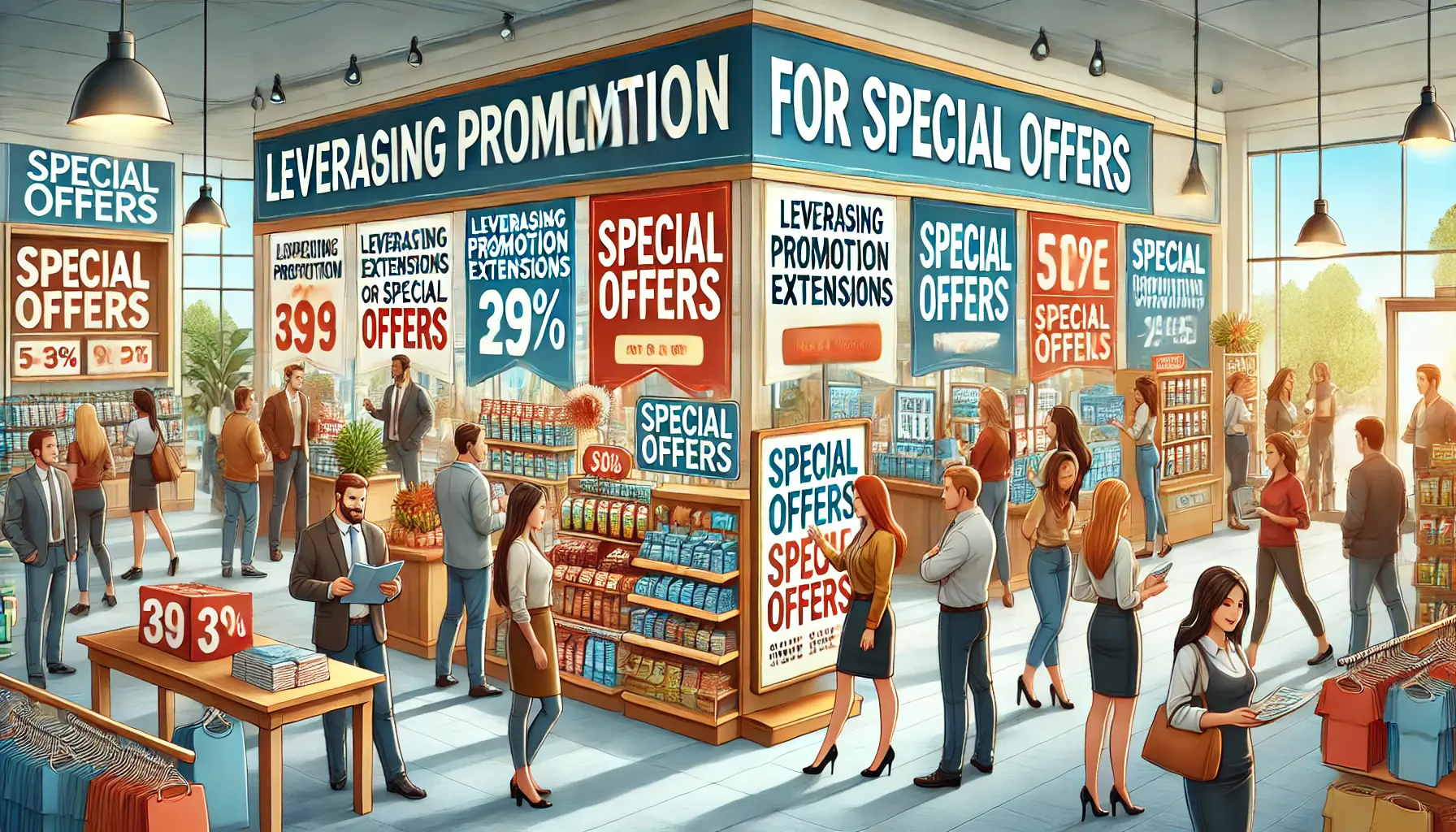 Retail store with customers interacting with promotional displays featuring special offers and discounts.