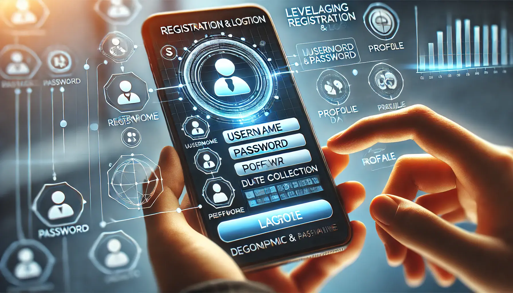 An image illustrating the process of leveraging registration and login data, featuring a smartphone with a user registration or login screen and fields for profile creation.