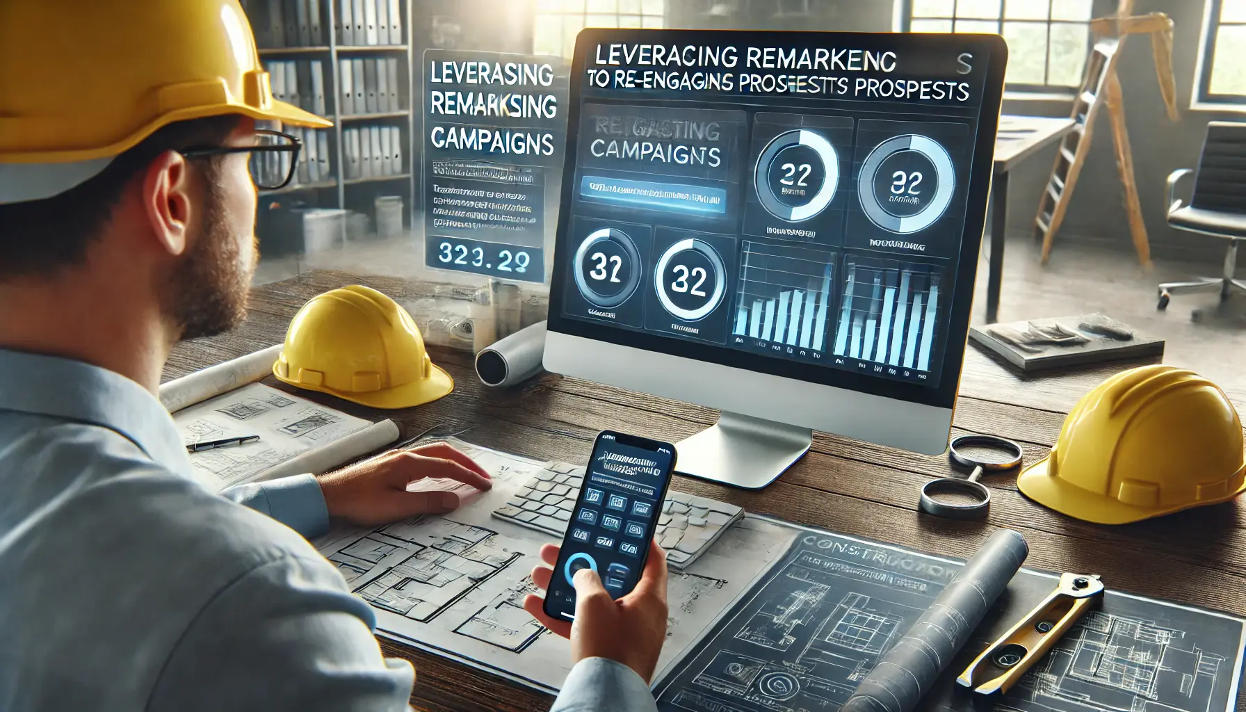 Digital marketer analyzing a remarketing dashboard on a computer screen with construction items like blueprints and a hard hat on the desk.