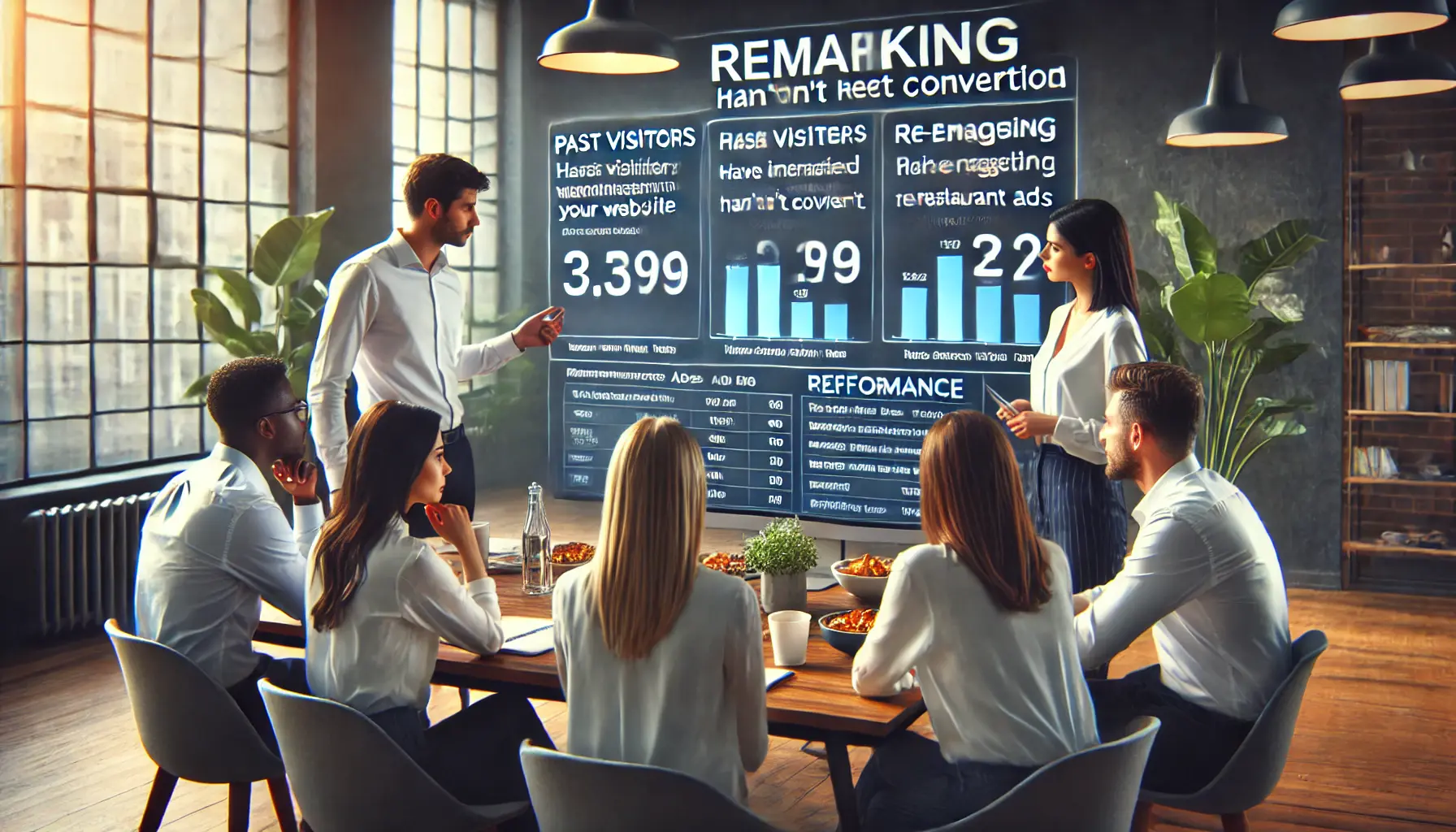 A restaurant marketing team discussing remarketing strategies while analyzing customer data on a computer screen.