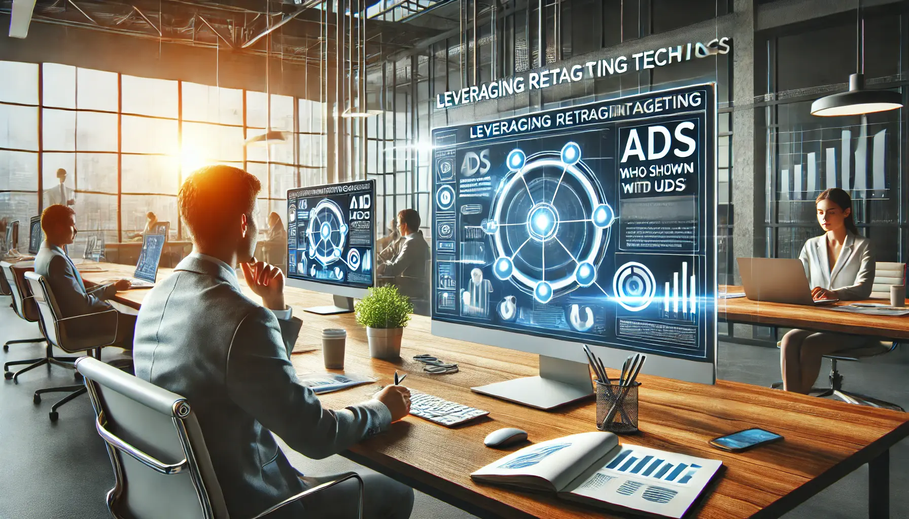 A digital marketing professional analyzing retargeting data on a computer screen, with visuals of retargeting ads reaching users who previously interacted with a website.