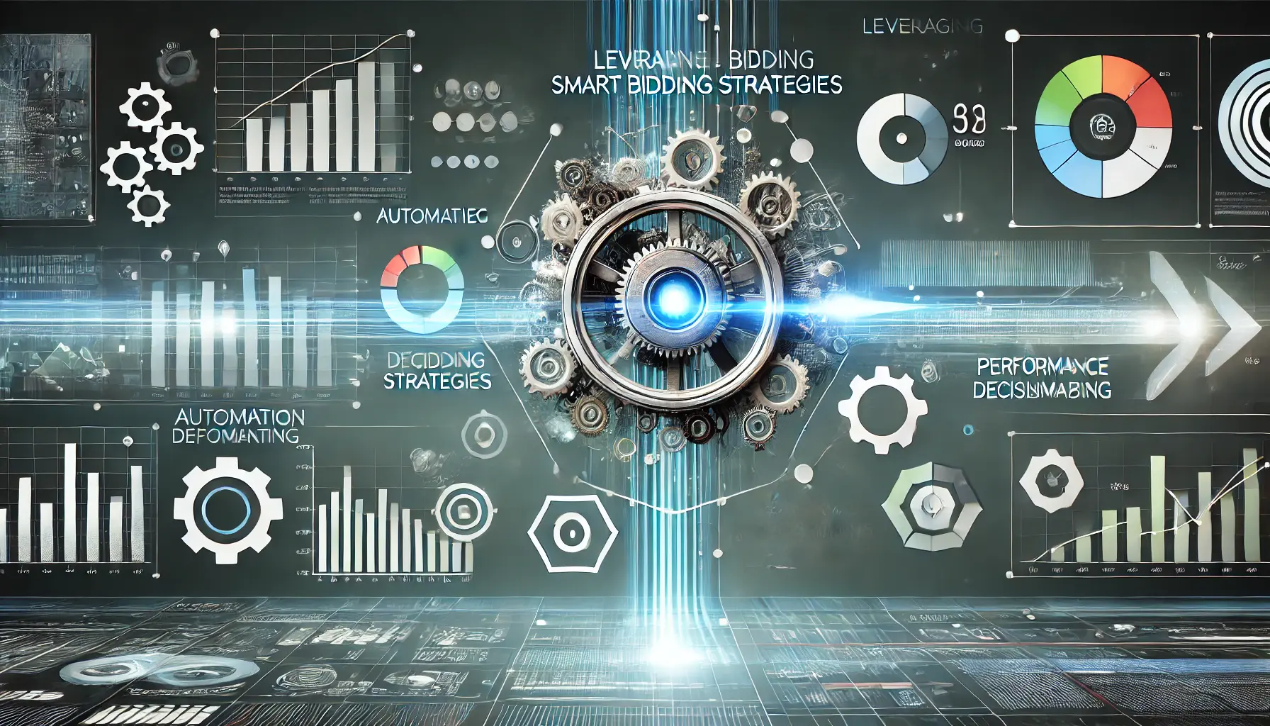 Abstract illustration of smart bidding strategies with a digital dashboard, automated bidding elements like gears and arrows, and performance metrics for decision-making.