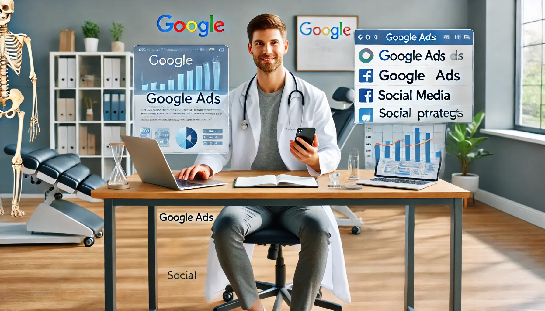 A chiropractor managing Google Ads and social media marketing campaigns on a laptop and smartphone in a modern clinic.