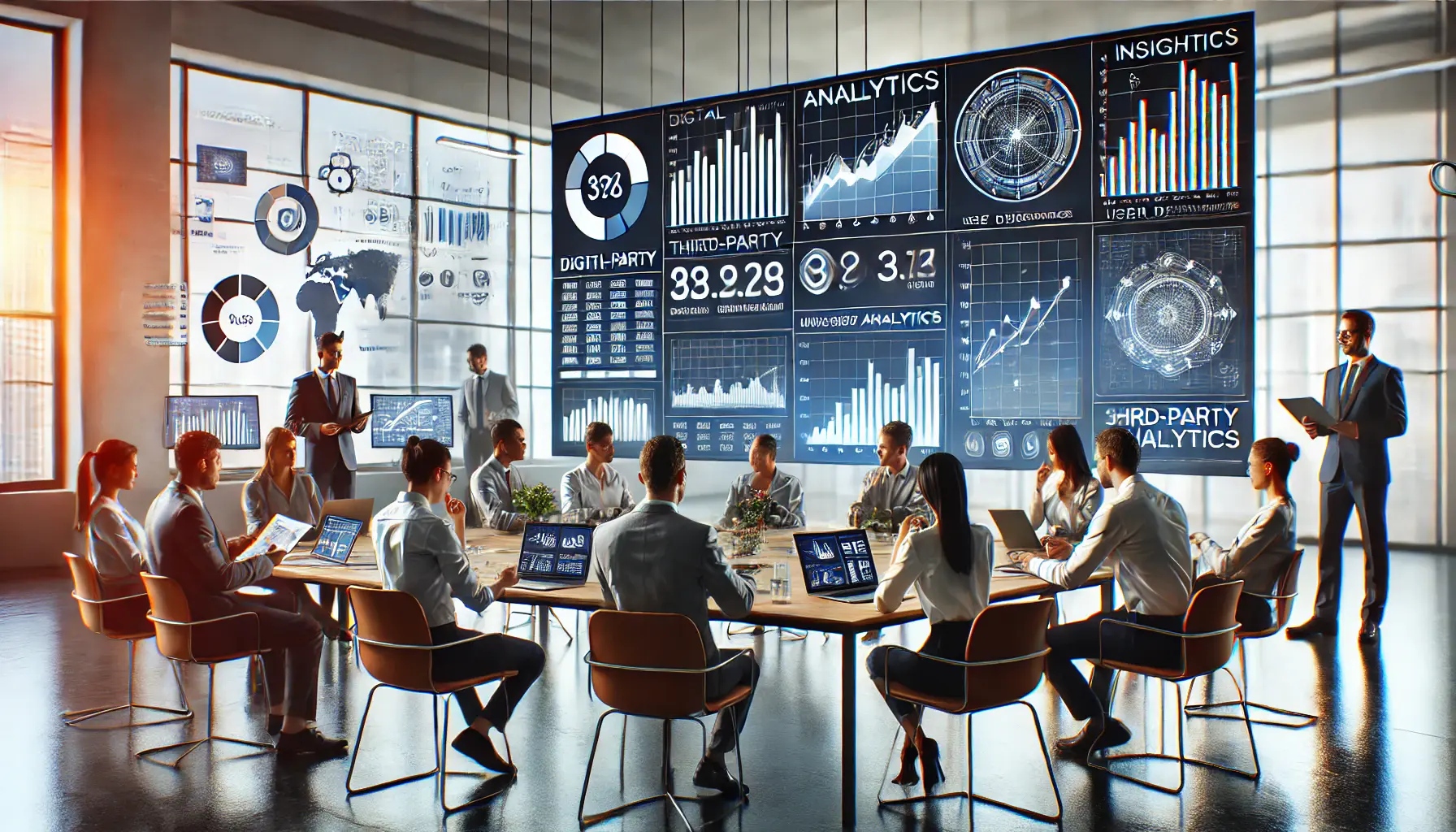 A digital marketing team analyzing third-party analytics and insights with performance metrics and graphs on a large screen.