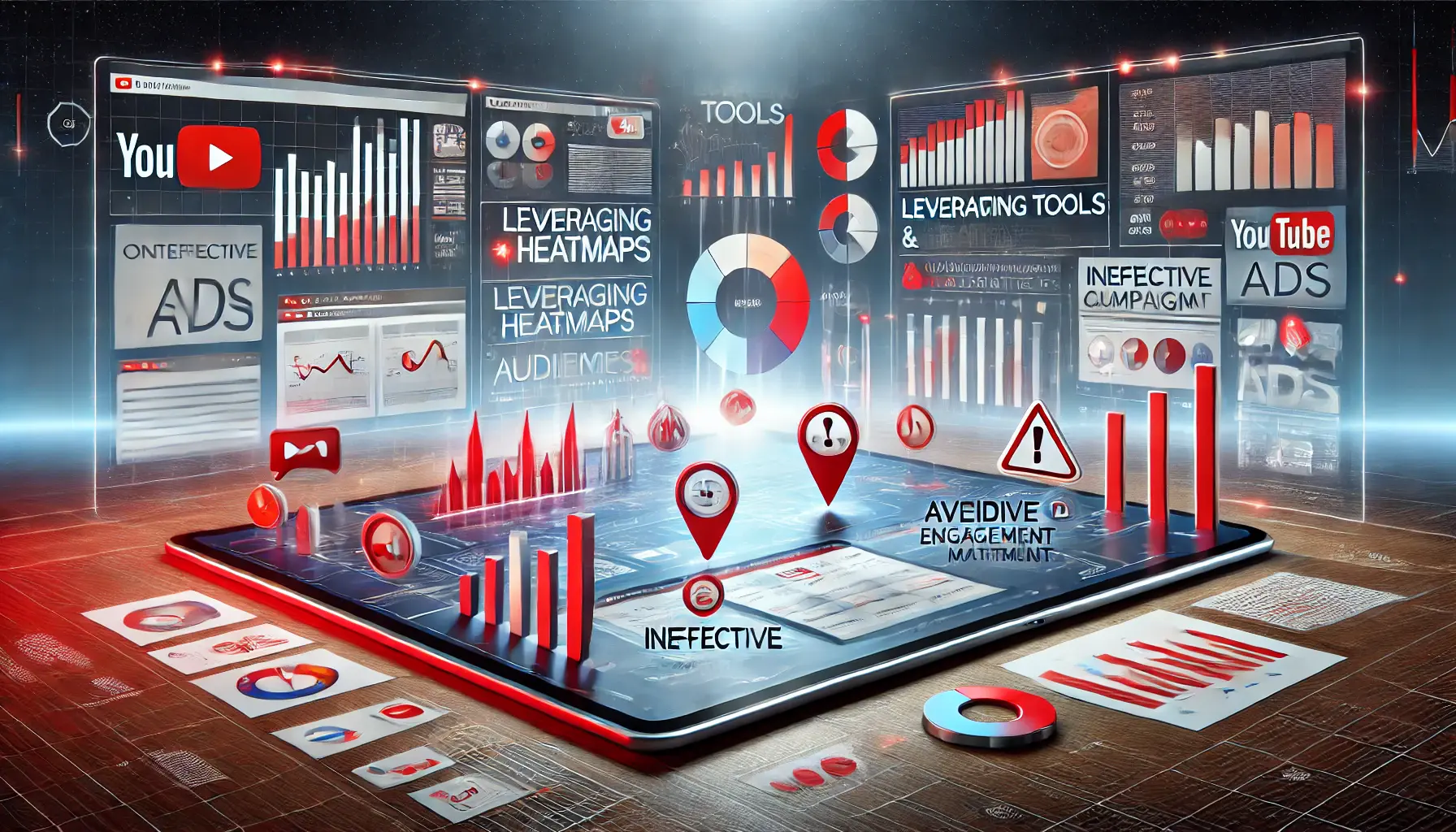 An illustration showing a digital workspace with analytics tools like graphs, heatmaps, and audience metrics, along with pitfalls such as red warning icons and ineffective ad designs.