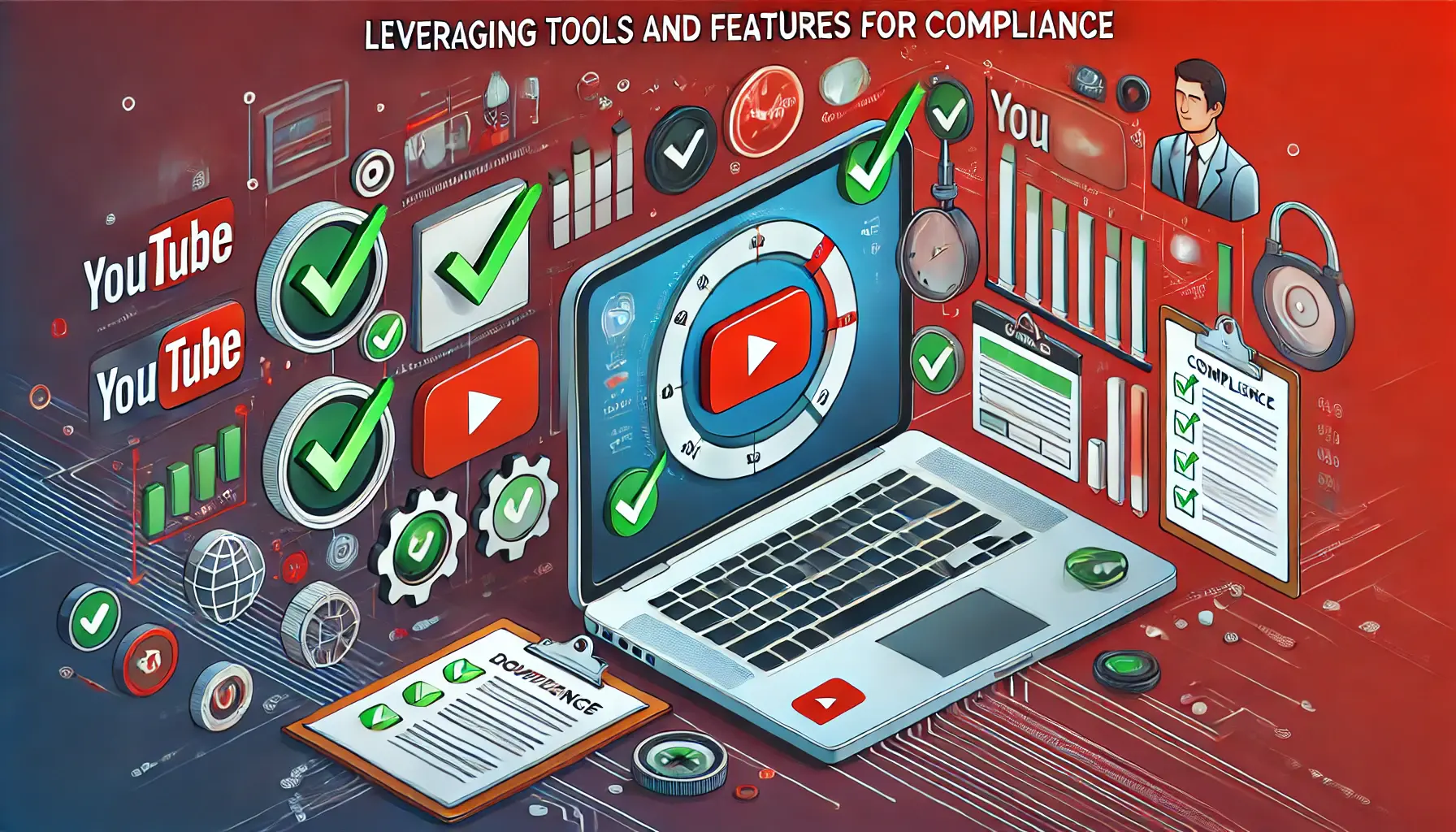 An image showing a laptop screen with compliance tools, a checklist, and a digital dashboard for ad performance.