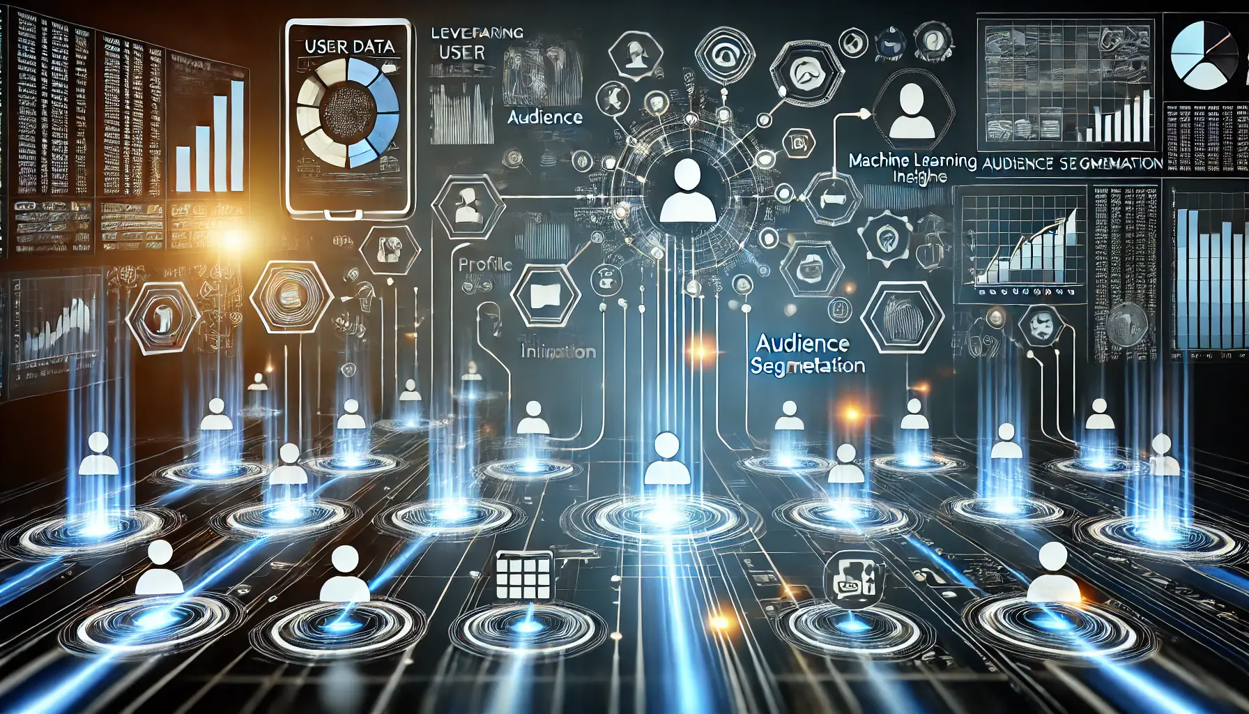 An image depicting the process of audience segmentation using user data, with data streams flowing into distinct groups and mobile devices in the foreground.