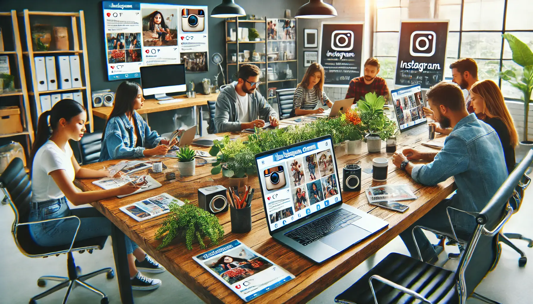 A digital marketing team reviewing user-generated content, including customer photos and positive testimonials, on laptops and tablets.