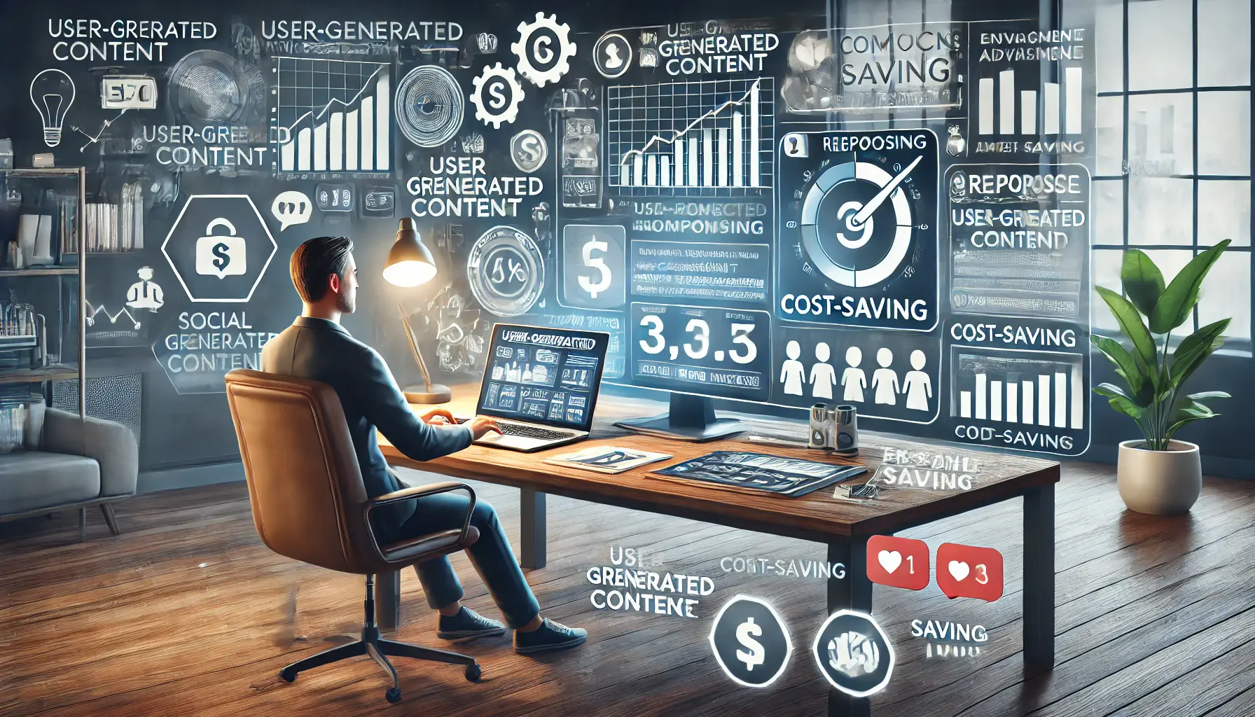 A digital illustration of a marketing workspace with a laptop displaying a dashboard analyzing user-generated content performance, including customer reviews, testimonials, and social media posts. A marketing professional is curating and repurposing user-generated content for social media ads, with floating engagement metrics and cost-saving indicators.