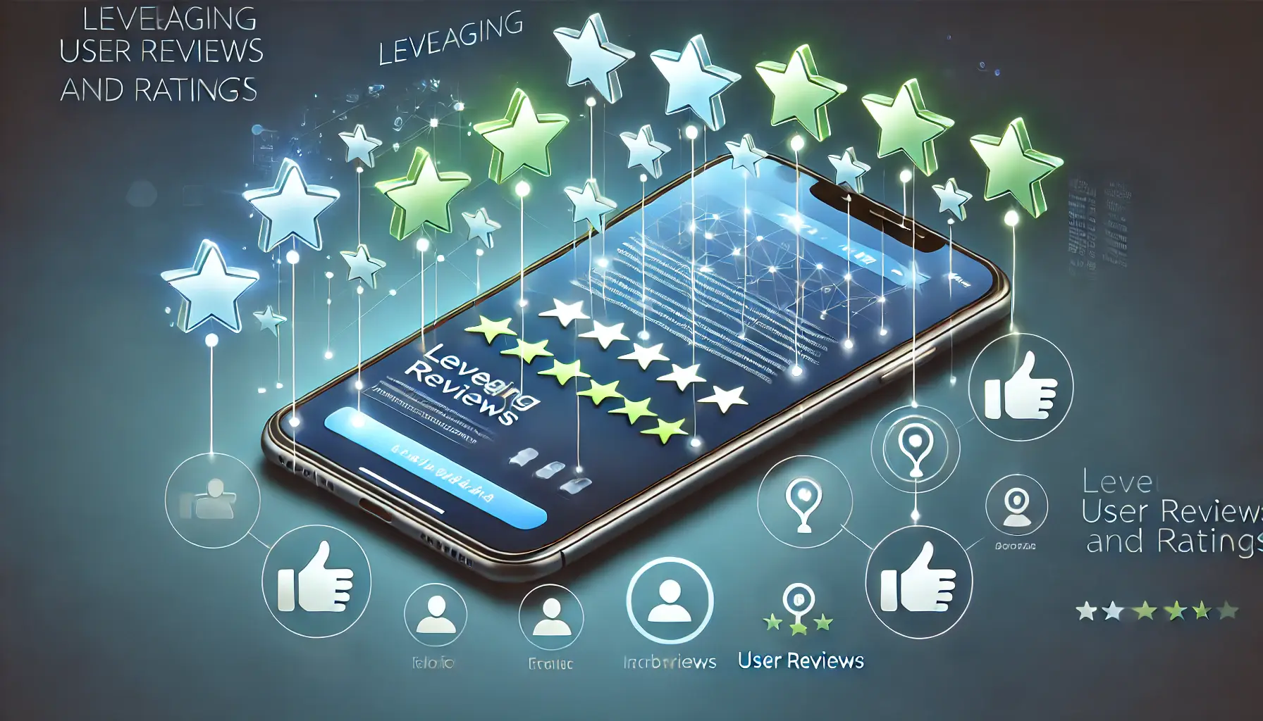 A smartphone app page featuring star ratings, user reviews, and thumbs-up icons, symbolizing user feedback and credibility.