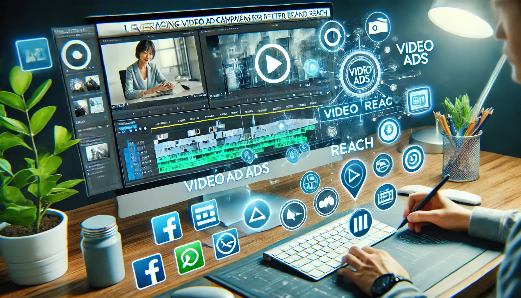 Digital screen displaying video editing software with ad previews on social media, symbolizing video ad campaigns for brand reach.