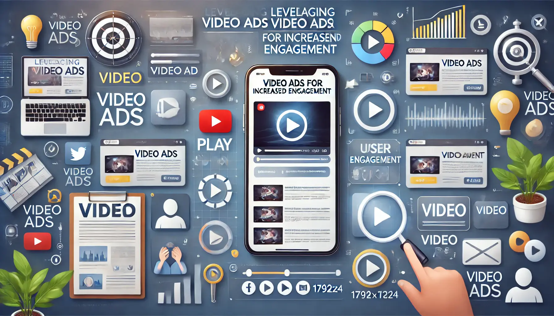 Illustration of video ad engagement with a smartphone screen showing a video ad and interaction icons.