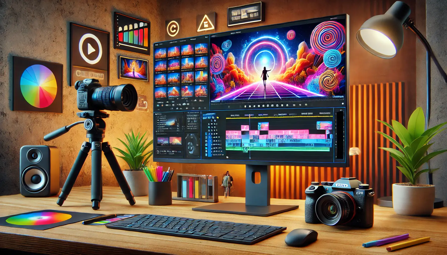 Professional workspace featuring video content creation tools, including a monitor with a video editor and a camera setup.