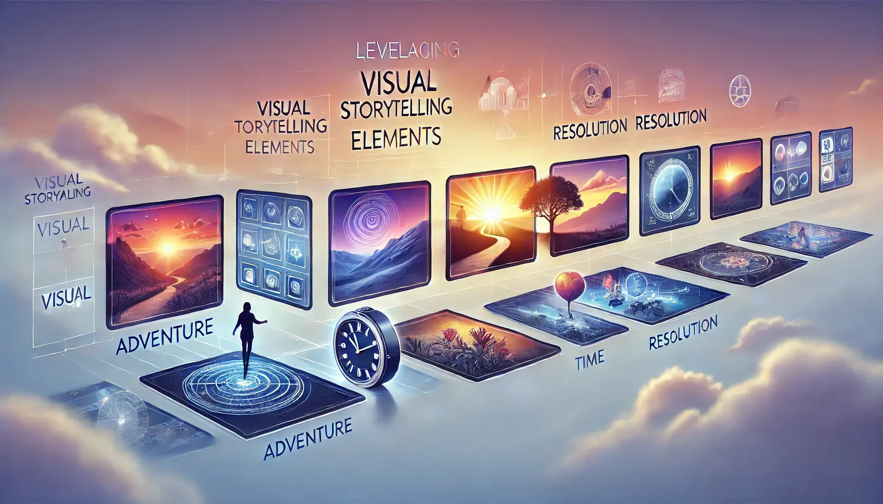 An image depicting visual storytelling with interconnected scenes of a journey, such as a winding road, a clock, a sunset, and a person looking towards the horizon.