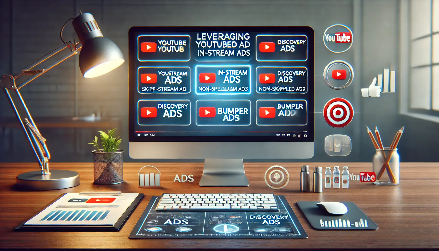 A computer screen displaying different YouTube ad formats such as skippable, non-skippable, discovery, and bumper ads, with engagement icons.