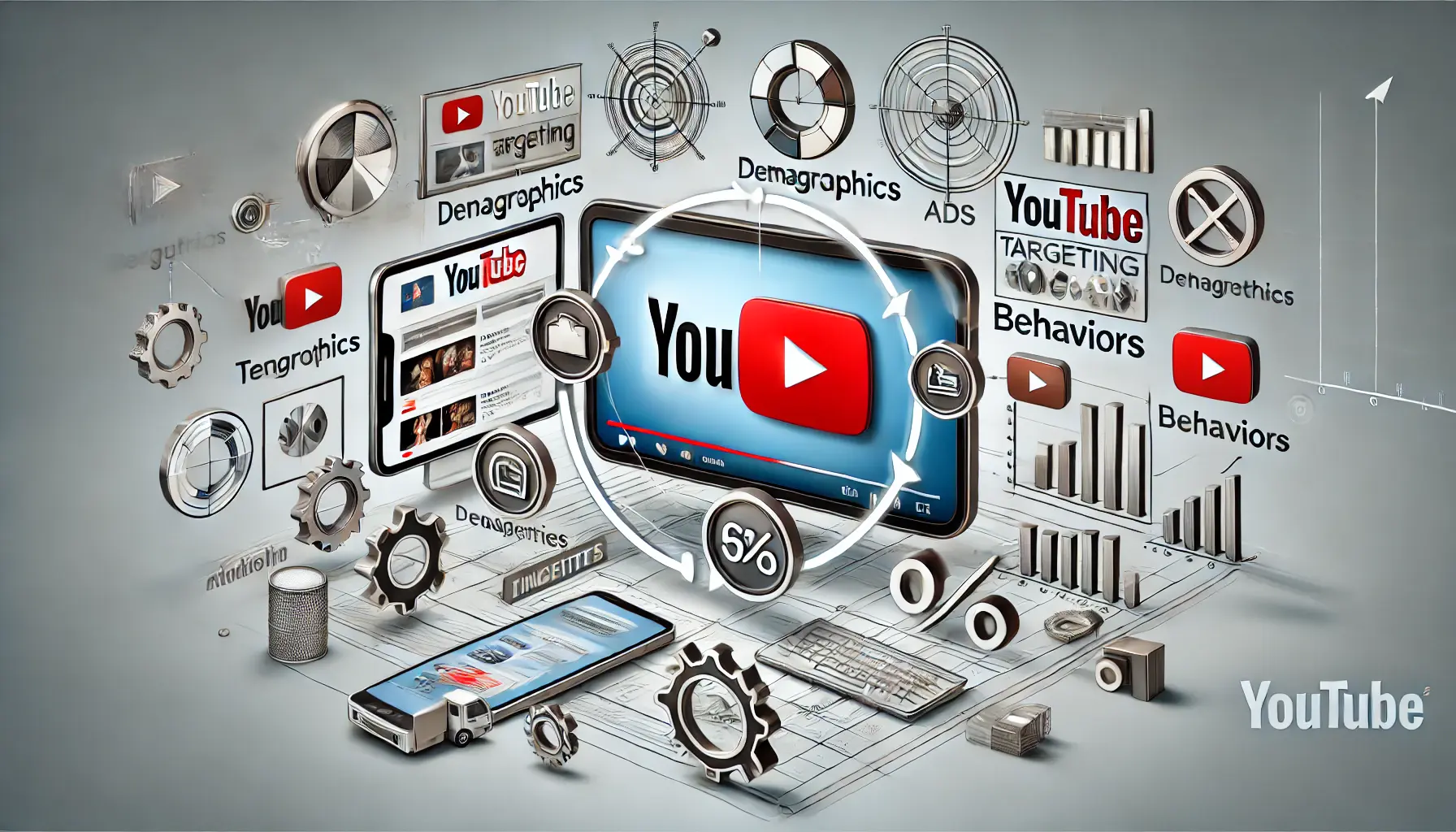 An illustration depicting YouTube ads with targeting options like demographics, interests, and behaviors, shown across various devices.