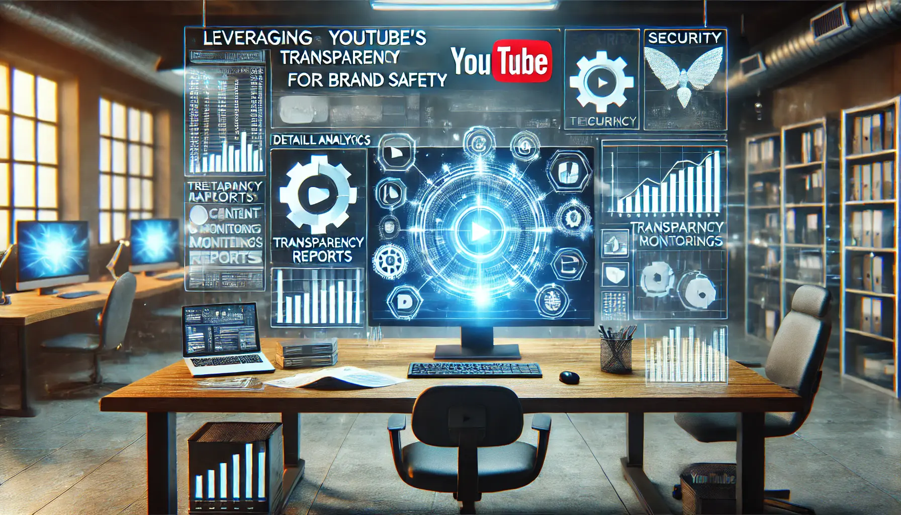 A digital workspace showcasing YouTube's transparency and reporting tools for brand safety.