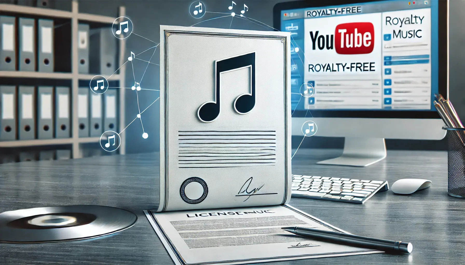 Realistic image of a document with a music note symbol and digital signature, alongside a computer screen showing a royalty-free music library.