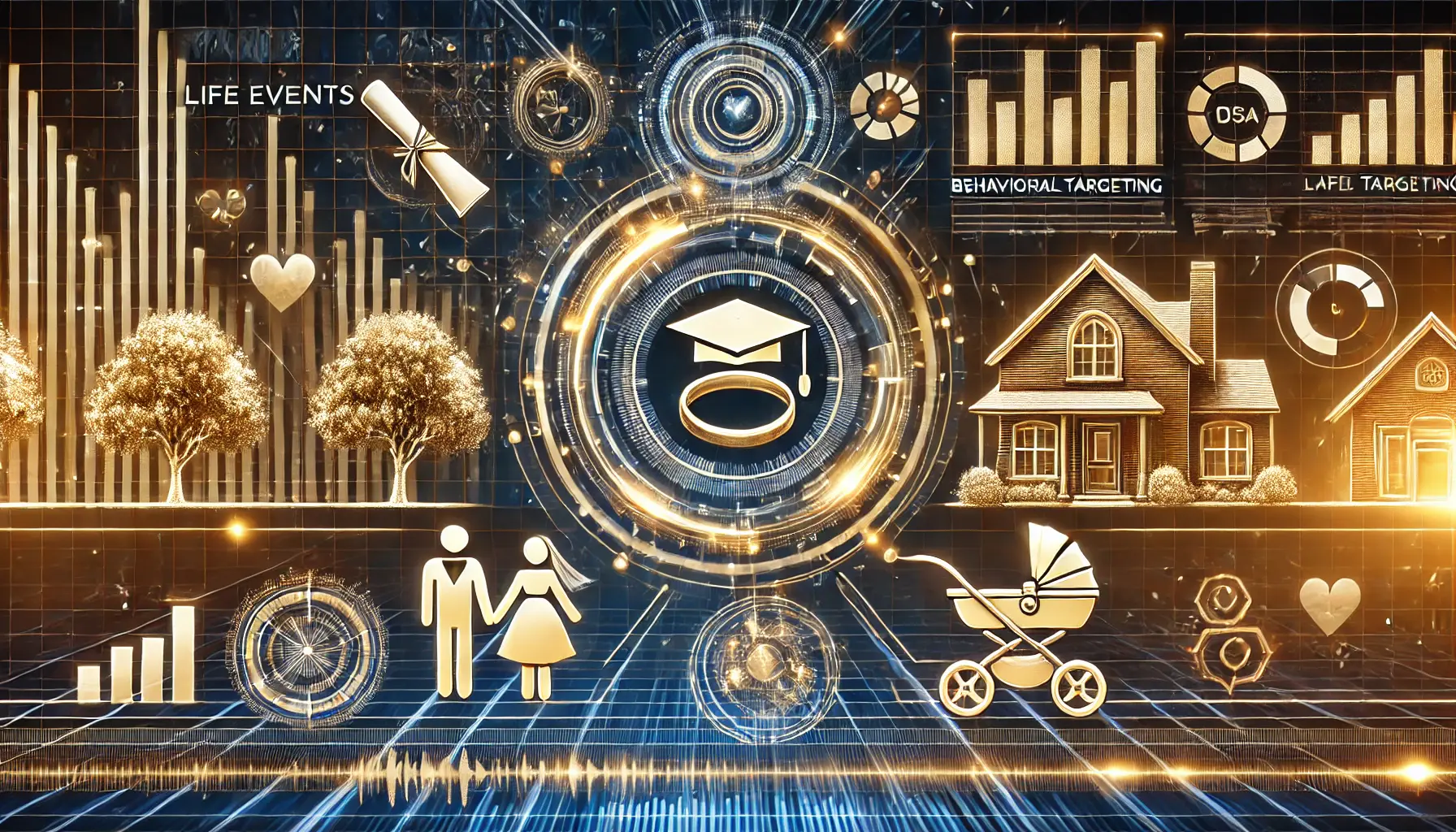 An abstract representation of life milestones such as a wedding ring, a house, a diploma, and a baby stroller interconnected by glowing digital lines.