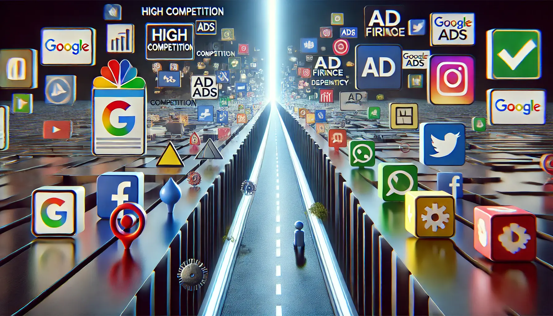 A conceptual illustration showing a narrow, obstacle-filled pathway symbolizing the limitations of relying solely on one advertising platform, contrasted with multiple open and vibrant pathways representing diverse opportunities.