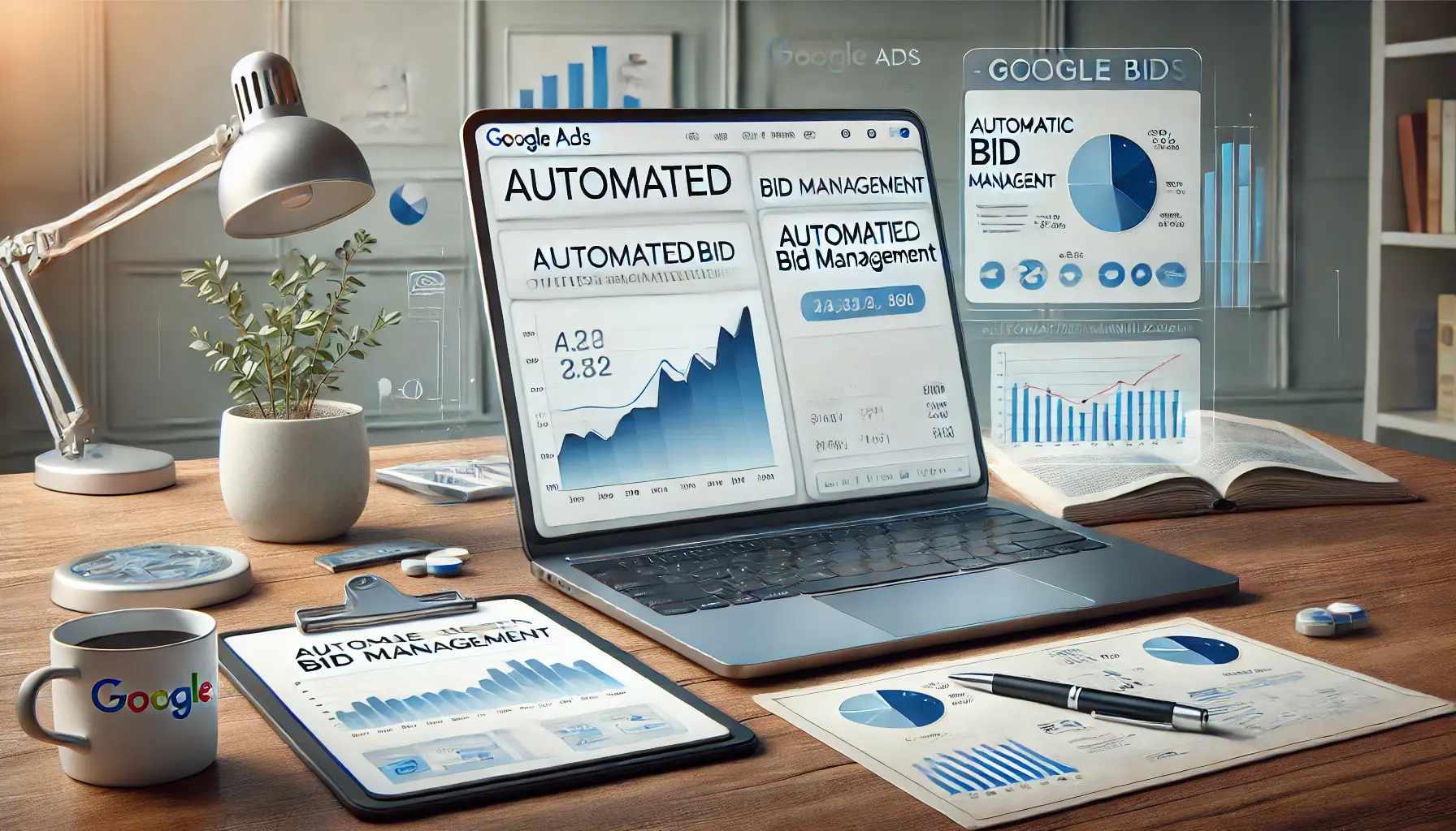 A professional workspace showing a laptop with a Google Ads dashboard displaying automated bid adjustments, a tablet with automatic bid management, and a notepad symbolizing reduced control over bids.