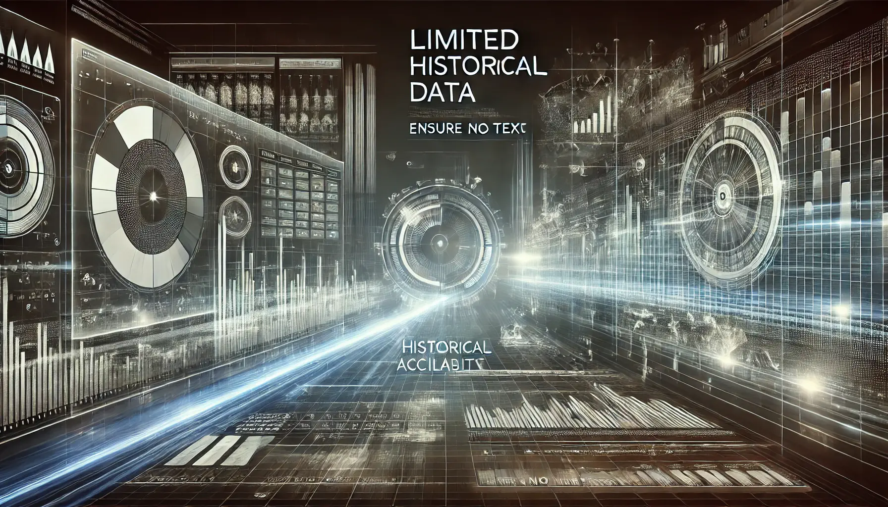 A futuristic dashboard with fading timelines and graphs representing limited historical data availability.