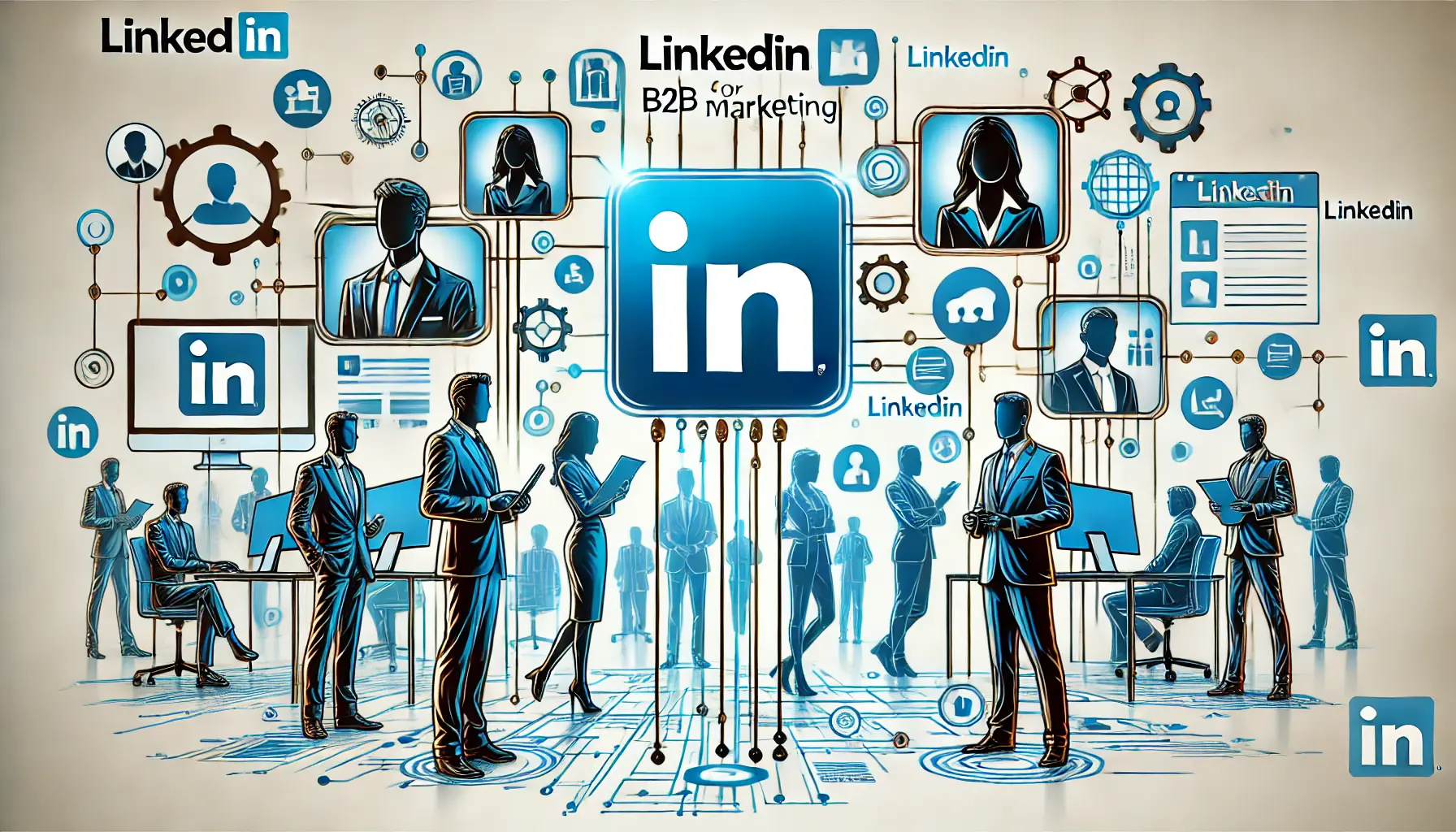 An abstract illustration representing LinkedIn Ads for B2B marketing, featuring business professionals connected by digital links and collaboration tools in LinkedIn's blue and white colors.