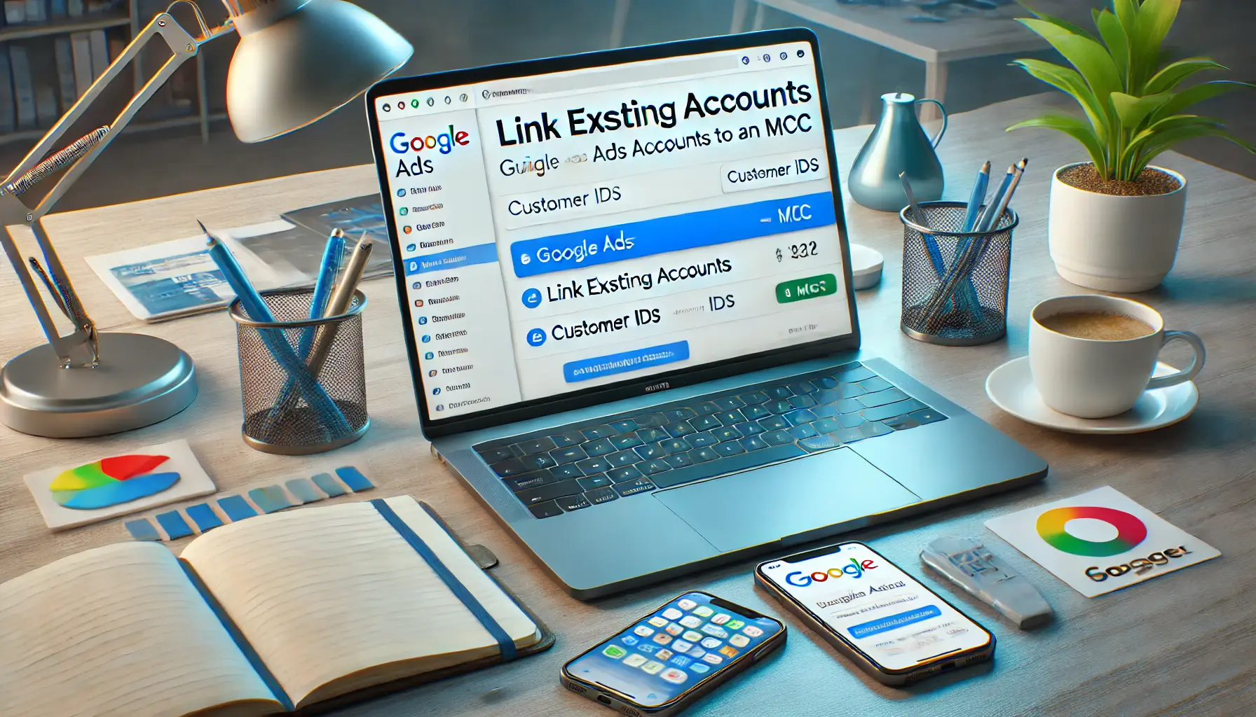 A digital workspace with a laptop displaying the process of linking Google Ads accounts to MCC.