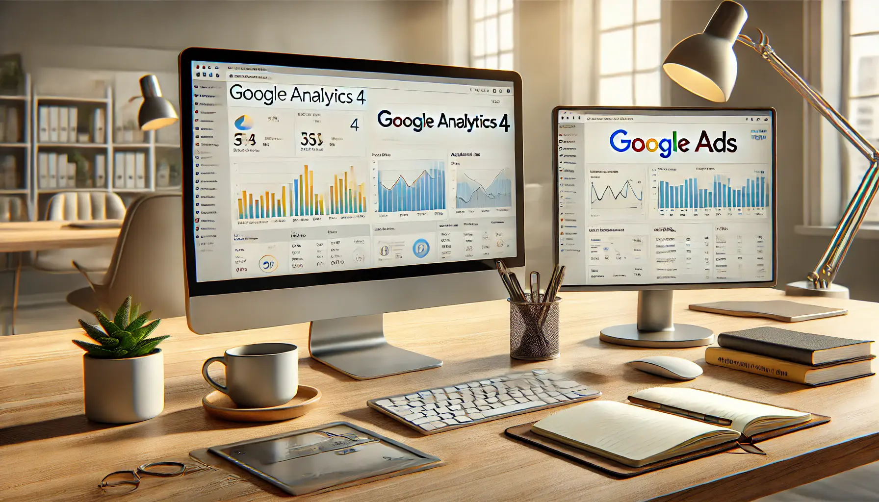 Two computer screens displaying Google Analytics 4 and Google Ads on a professional desk setup.