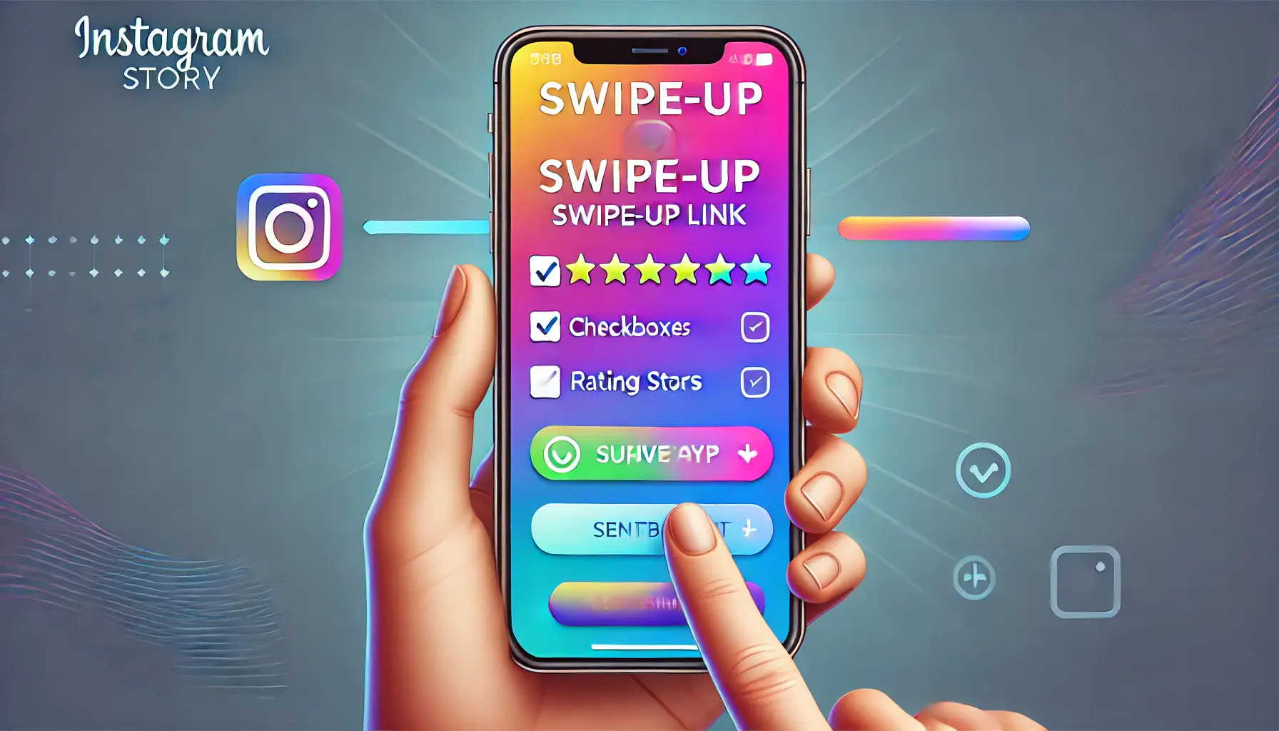 An Instagram story featuring a swipe-up link to a survey or feedback form, with icons representing user interaction and feedback collection.