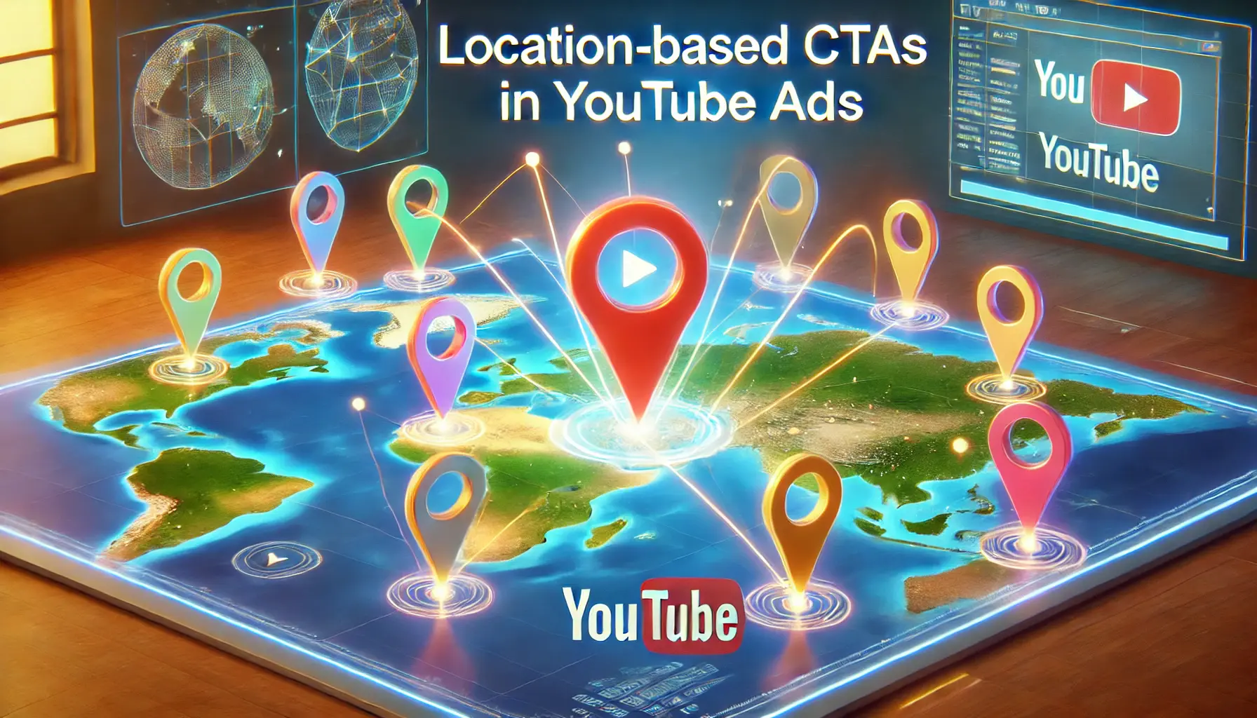 A digital map with highlighted geographic areas, connected by glowing lines to represent customized location-based CTAs in YouTube ads.