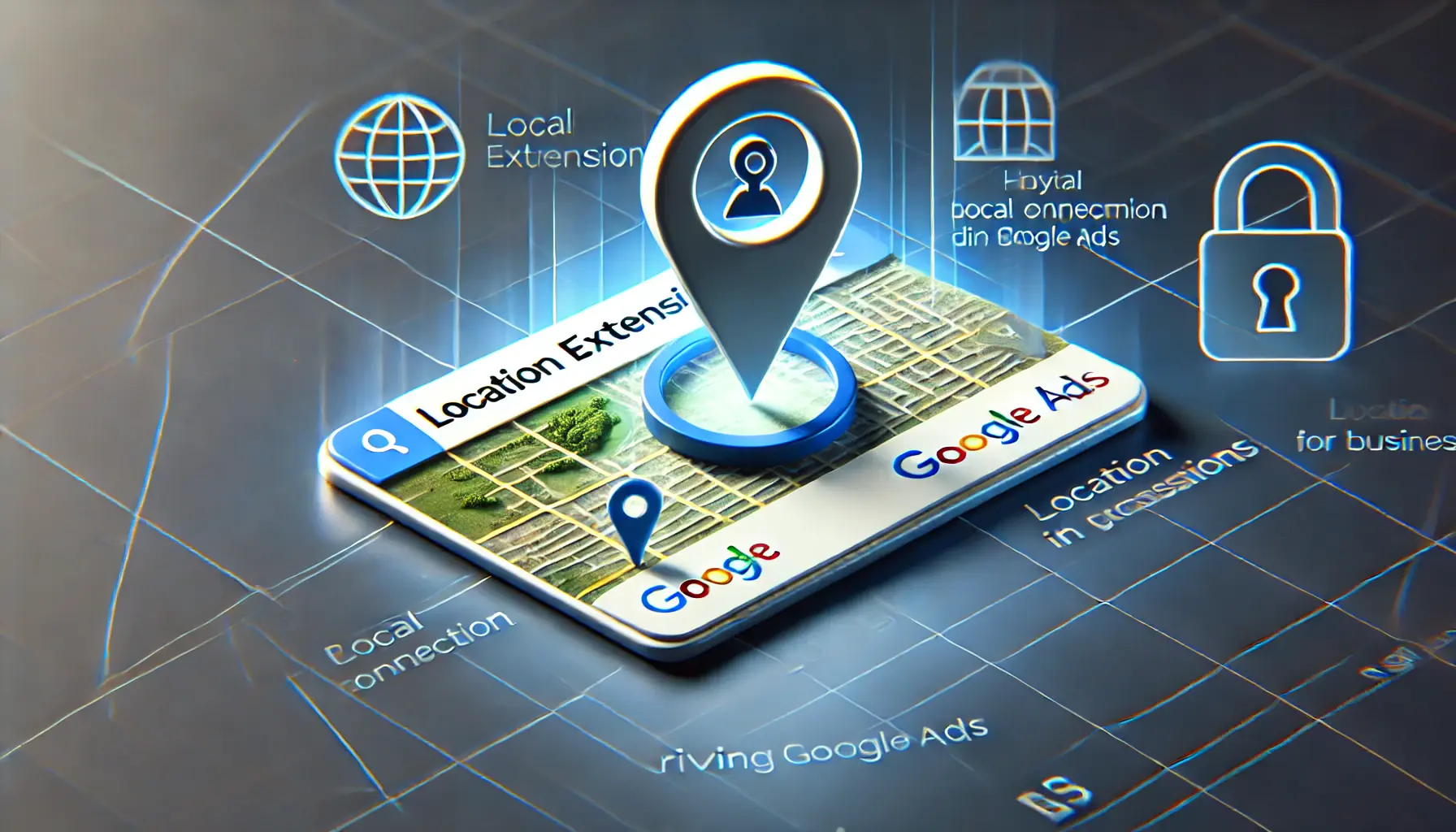 An image representing location extensions in Google Ads, showing a map icon and location pin symbolizing local engagement.