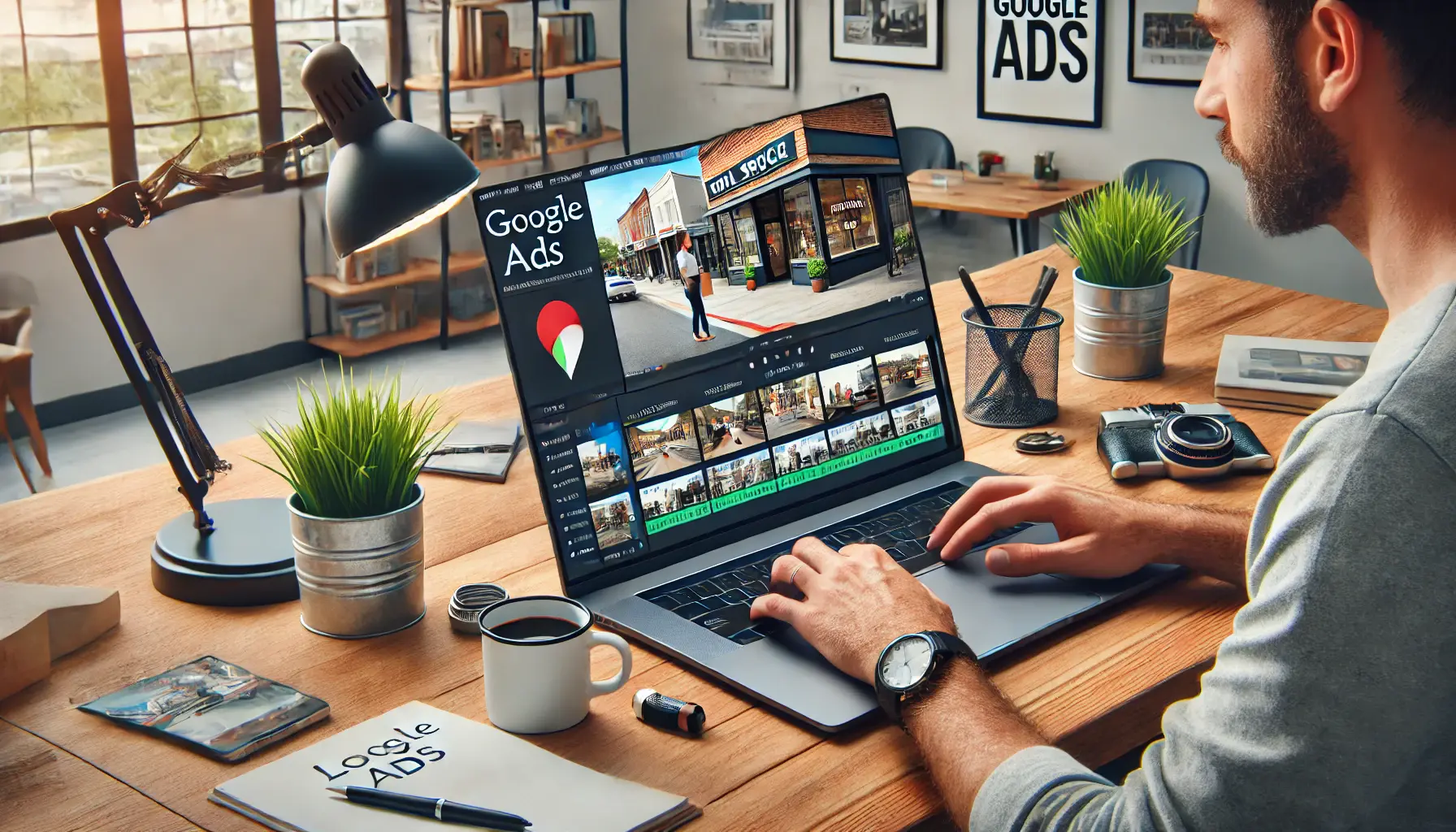 A small business owner editing location-specific images or videos for their Google Ads campaign, with local images visible on the screen.