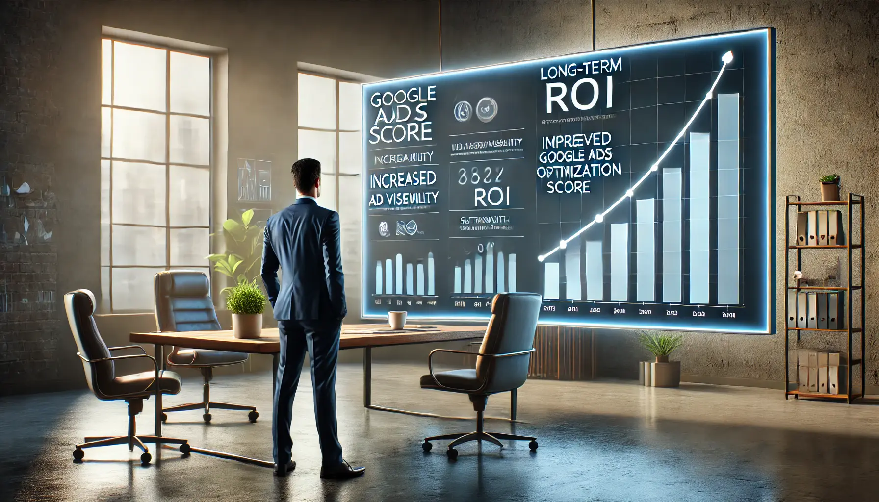 A business professional standing in front of a screen displaying positive long-term performance metrics in Google Ads, such as improved ROI and increased visibility.